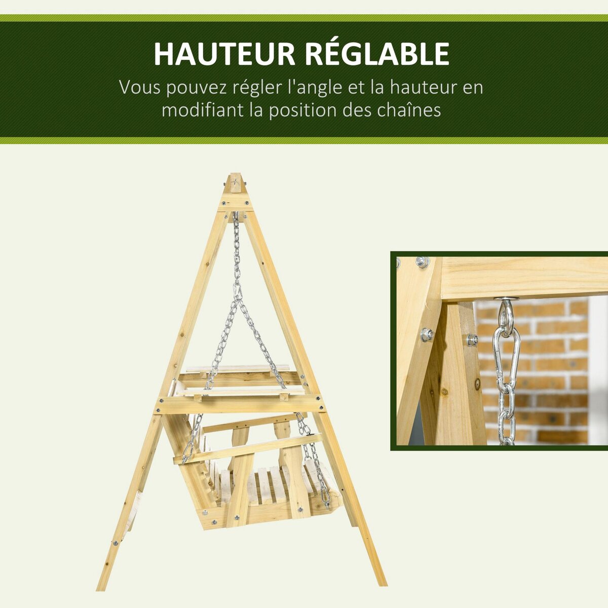 OUTSUNNY Balancelle de jardin 2 places en bois hauteur réglable - 196 x 120 x 171 cm