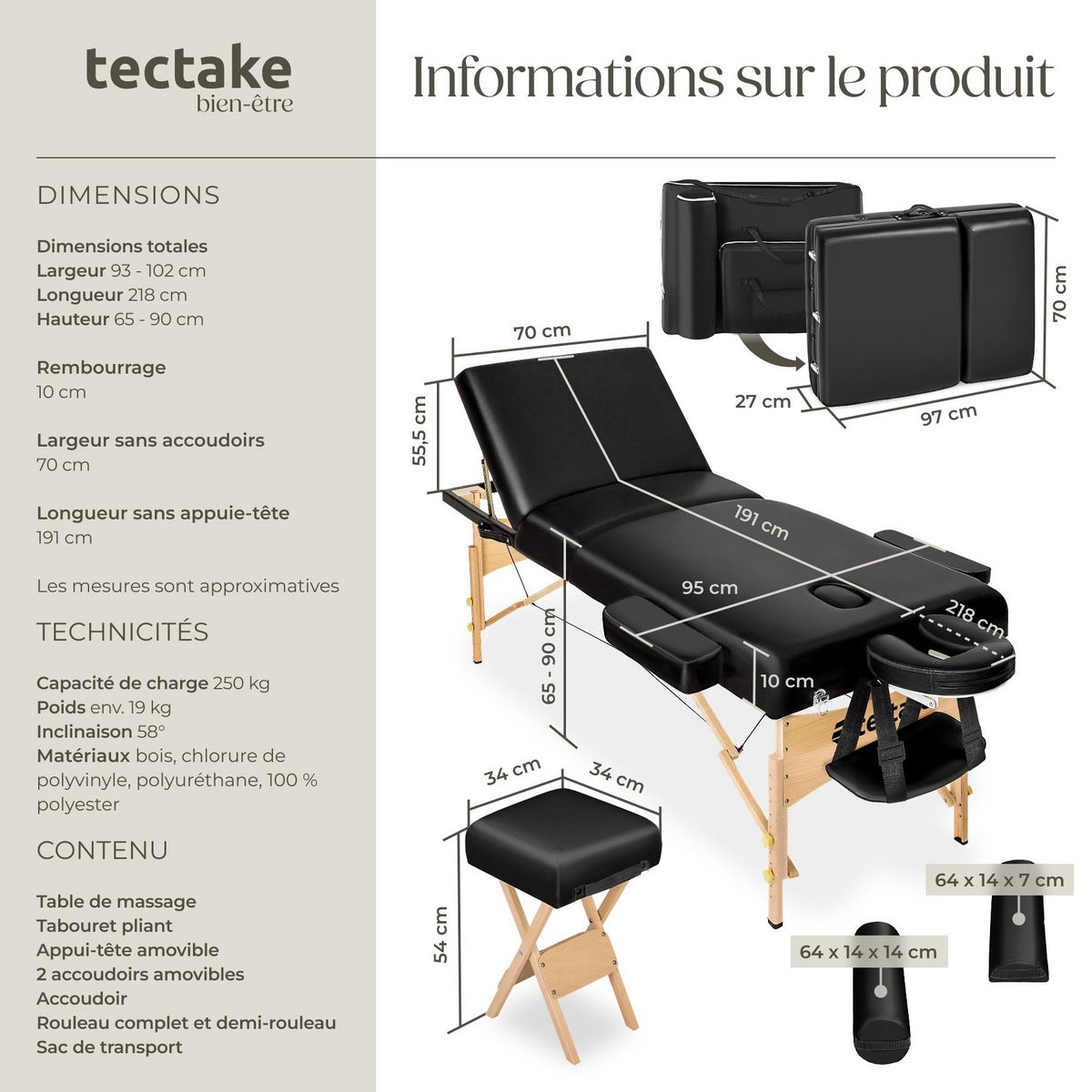 tectake Set de tables de massage portable pliante à 3 zones largeur 70 cm et rembourrage de 10 cm noir