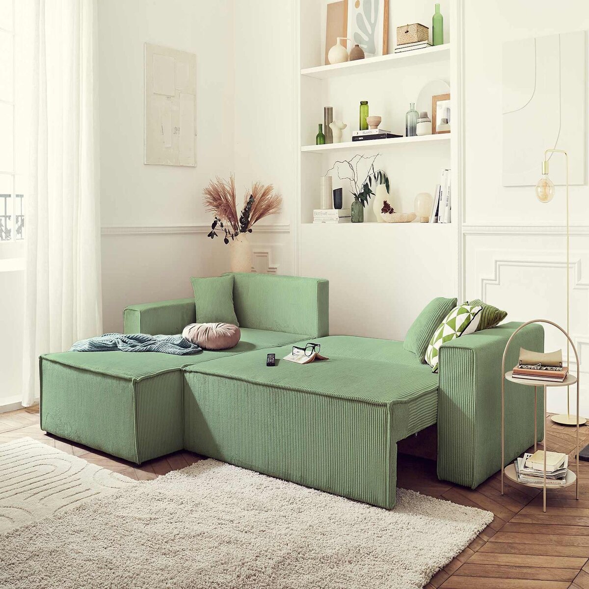 BEST MOBILIER Dellia - canapé d'angle réversible convertible - avec coffre - en velours côtelé - 4 places