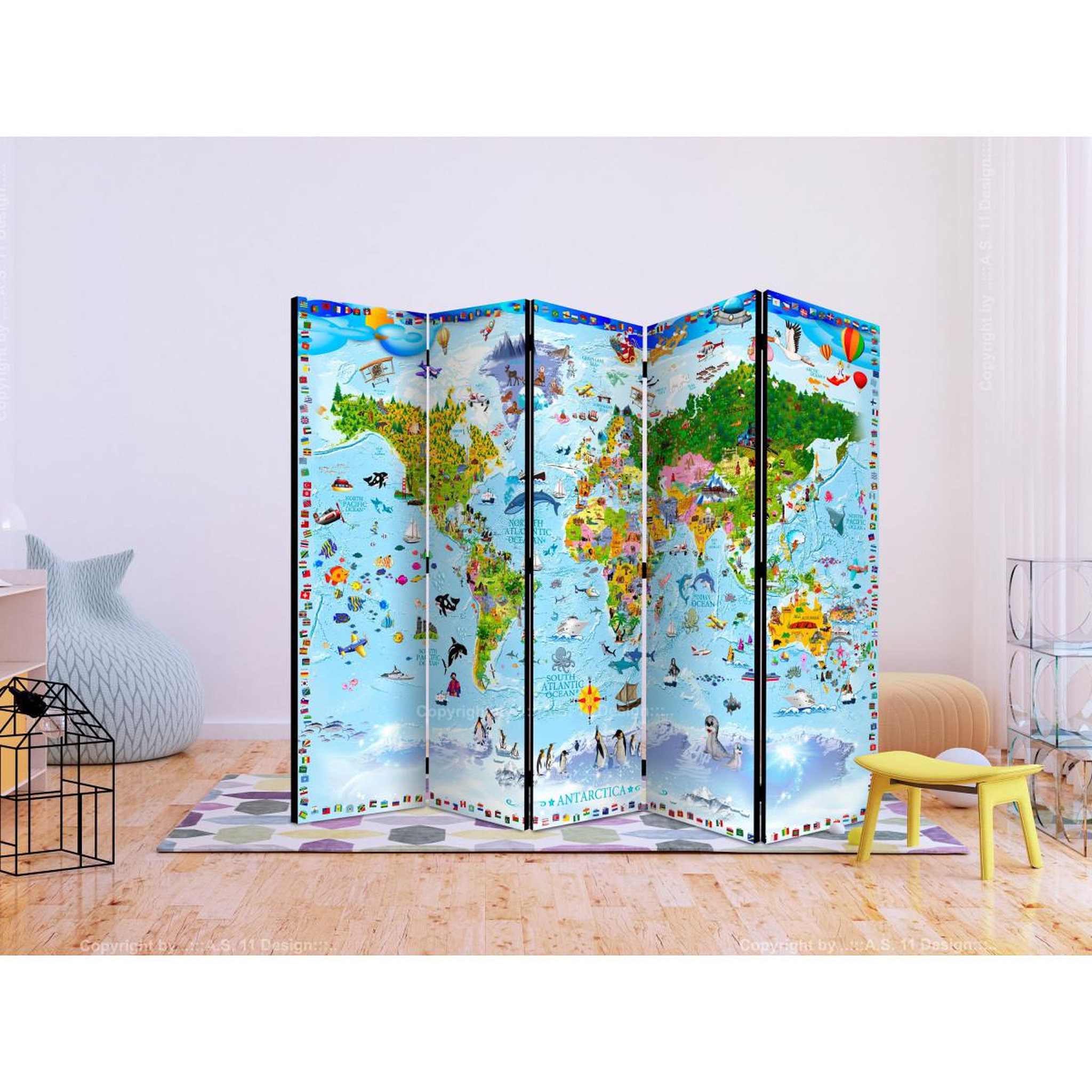 Voir la diapositive 2 : Paris Prix Paravent 5 volets  world map for kids  172x225cm
