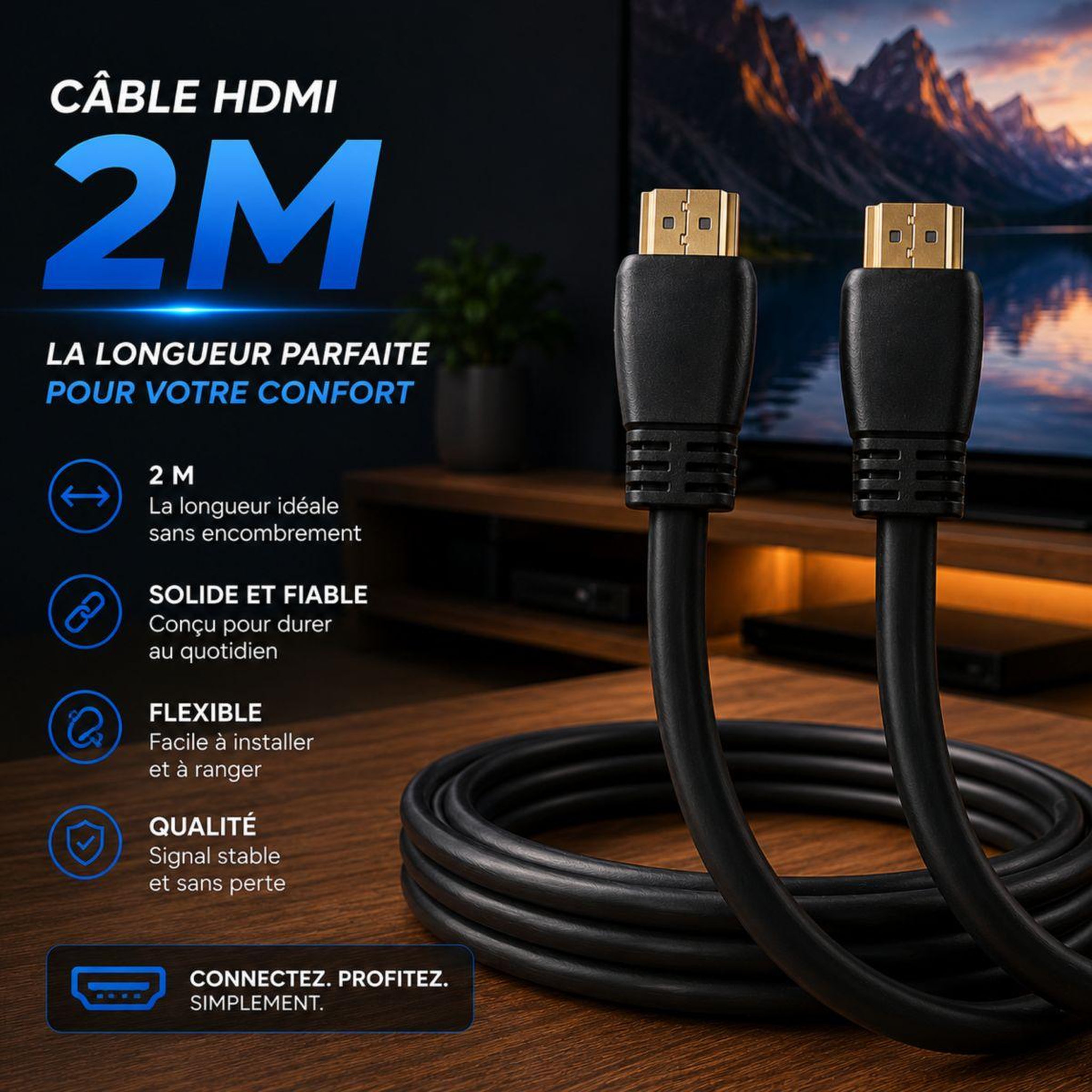 Voir la diapositive 3 : ESSENTIEL B Câble HDMI 2.0/18Gbps plat 2M