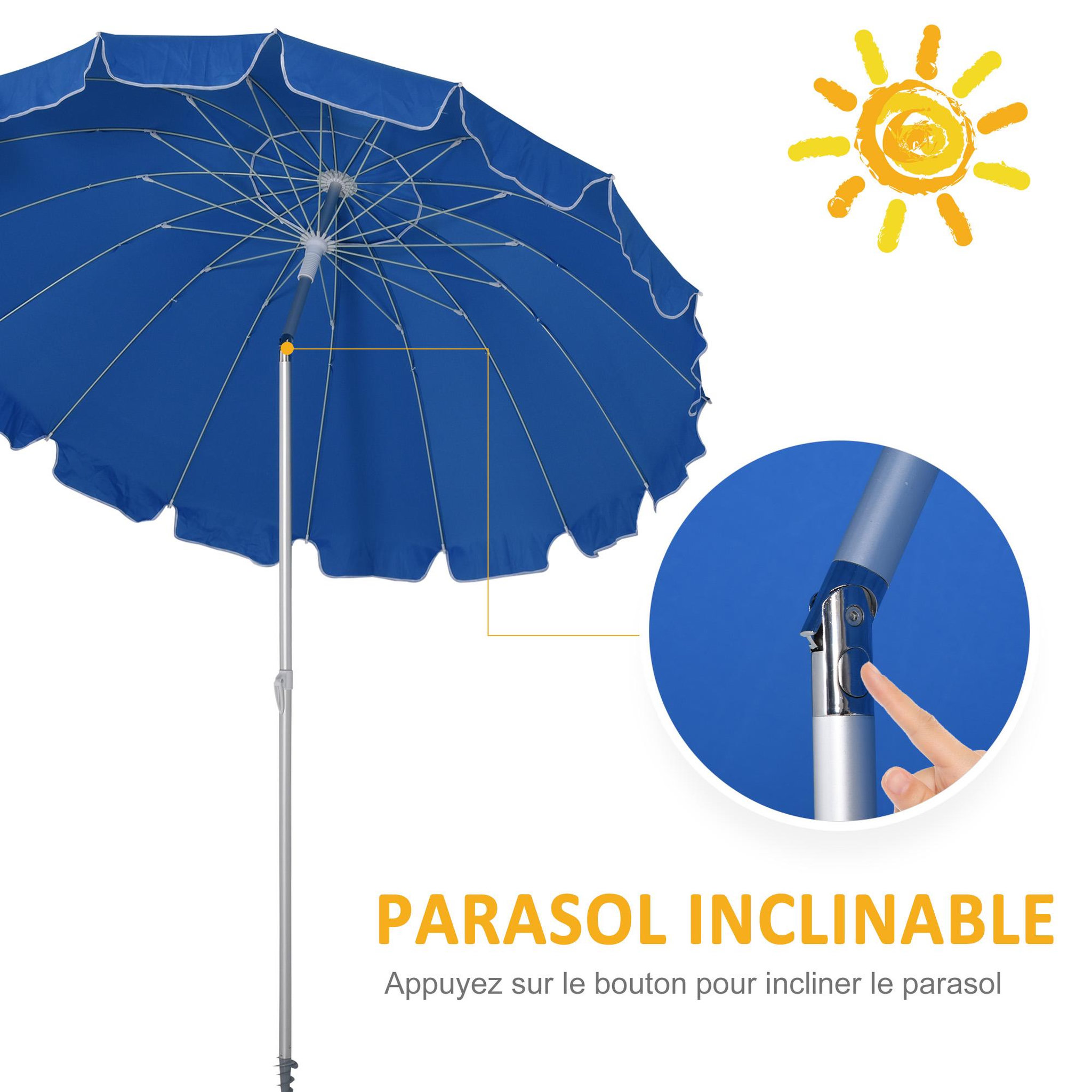 Voir la diapositive 5 : OUTSUNNY Parasol inclinable rond Ø 220 cm tissu polyester haute densité anti-UV mât démontable alu sac de transport inclus bleu