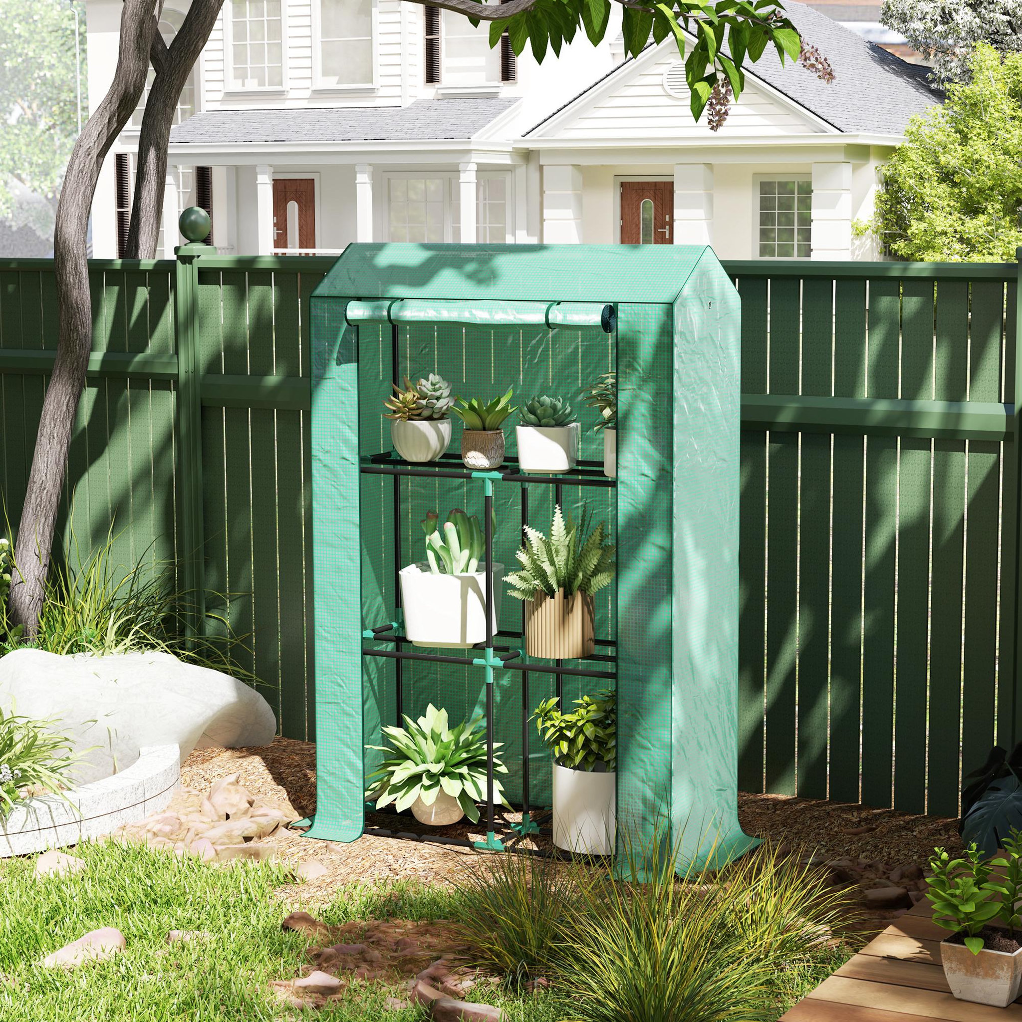 Voir la diapositive 2 : OUTSUNNY Serre de jardin balcon 3 étagères - porte enroulable zippée - 100 x 40 x 150 cm - acier pe vert