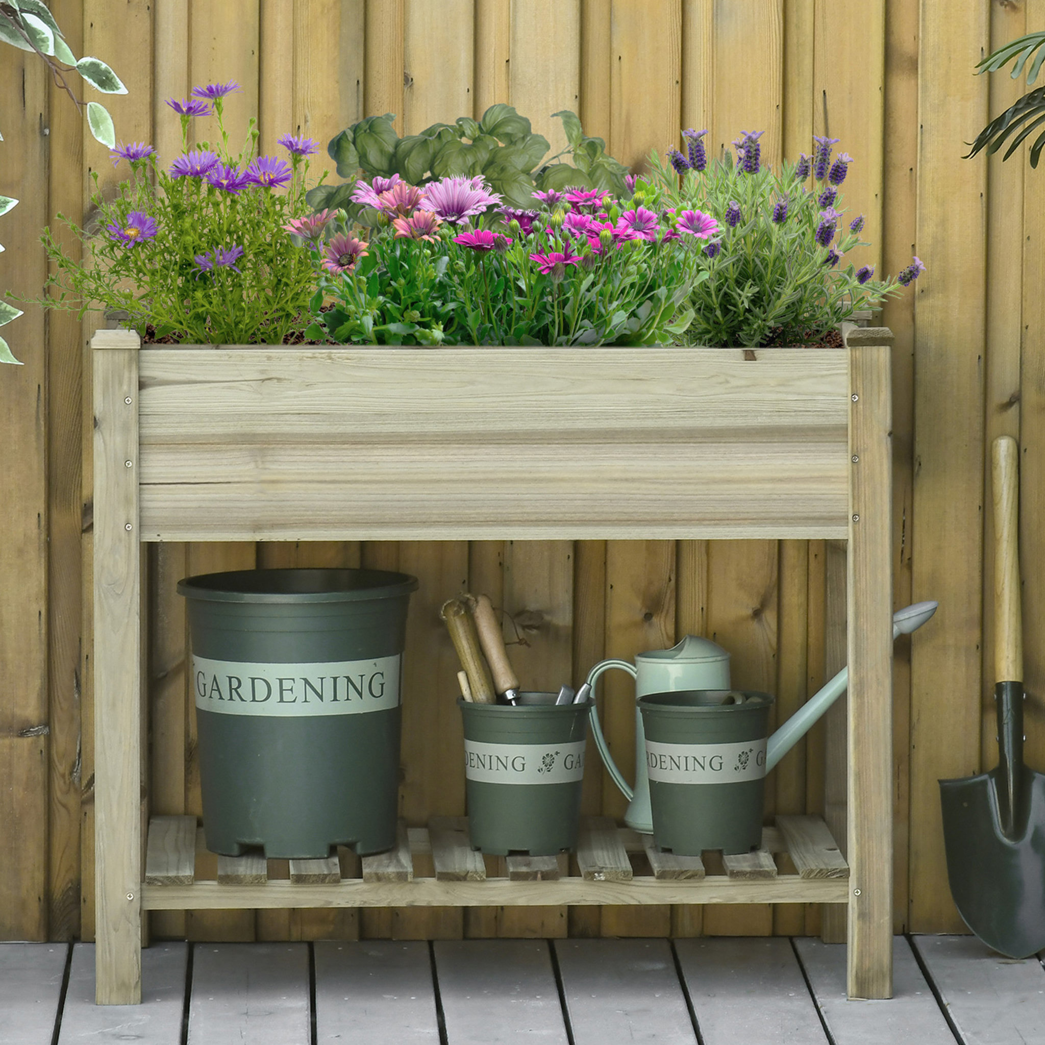 Voir la diapositive 4 : OUTSUNNY Jardinière sur pieds potager avec étagère à lattes dim. 91L x 51l x 76H cm bois sapin autoclave