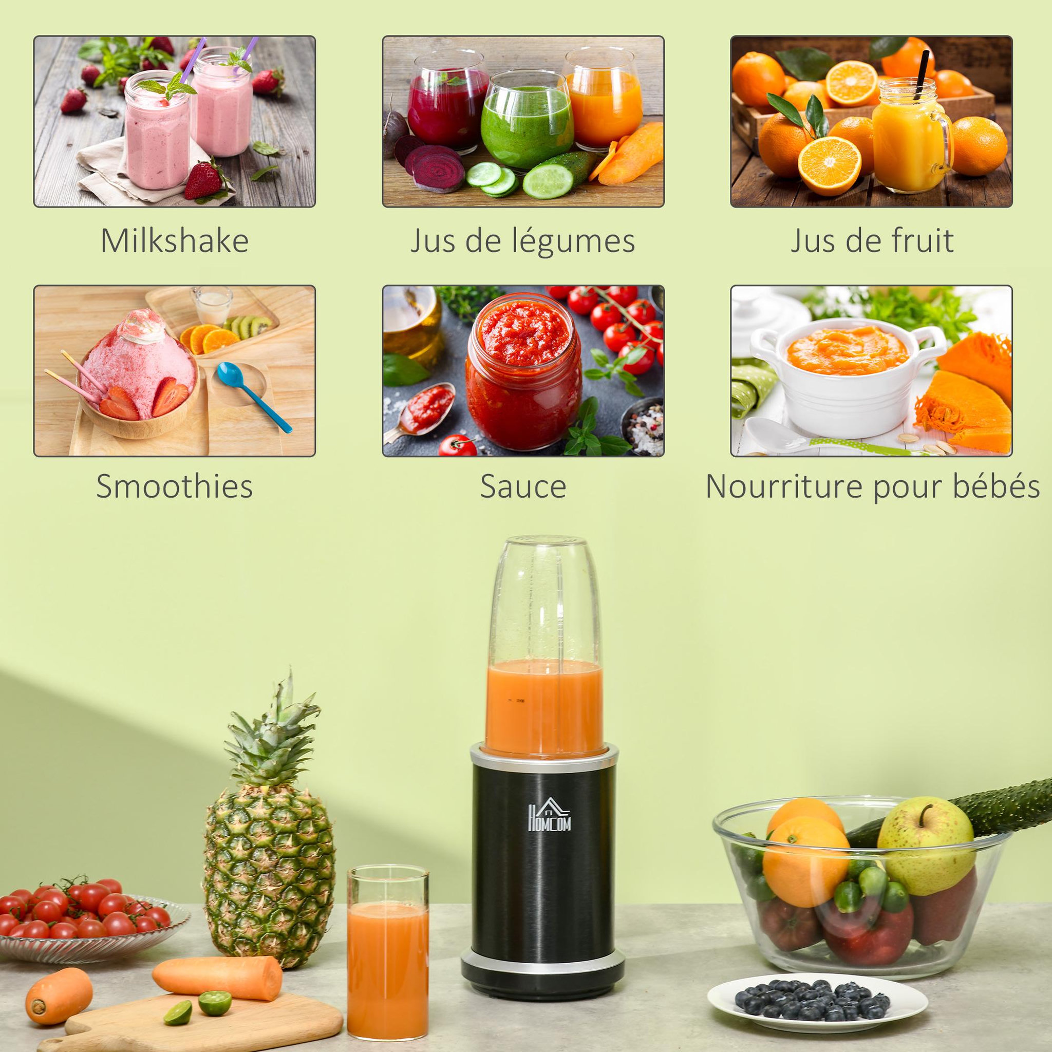 Voir la diapositive 4 : HOMCOM Blender 1000 W - 4 modes - 2 bols 700 ml et 350 ml - système verrouillage sécurité - nettoyage facile - alu. tritan noir