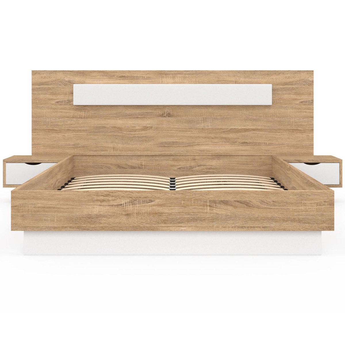 ID MARKET Lit double SANTA avec tête de lit + tables de chevet intégrées et sommier 160 x 200 cm bois et blanc