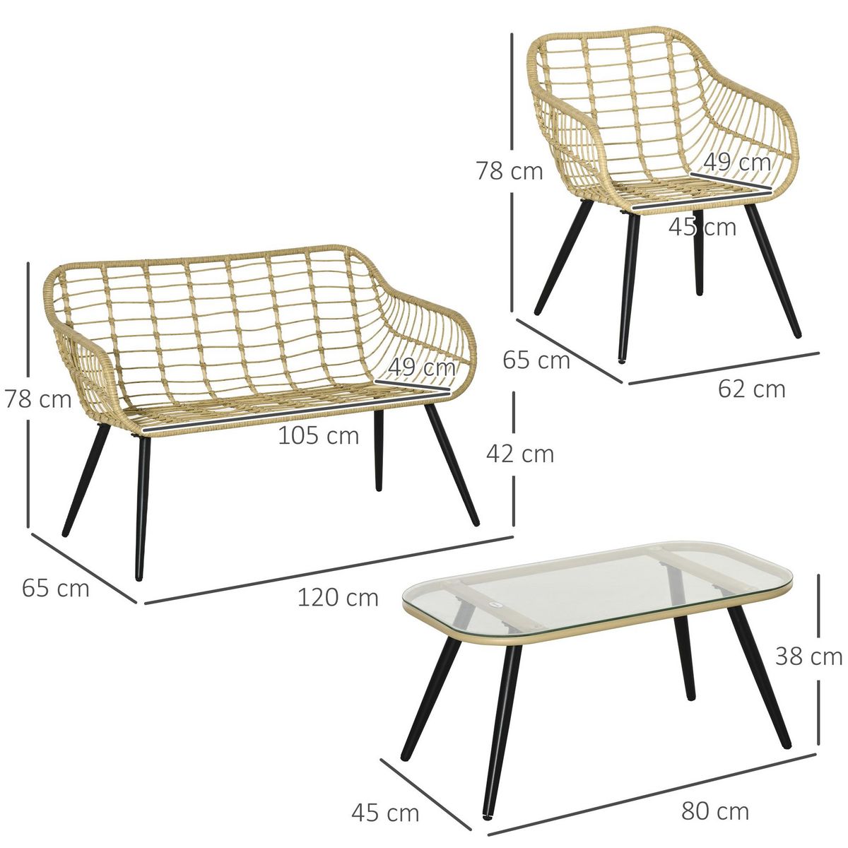 OUTSUNNY Salon de jardin 4 pers. 4 pièces style exotique métal époxy noir résine imitation bambou coussins grand confort inclus polyester beige