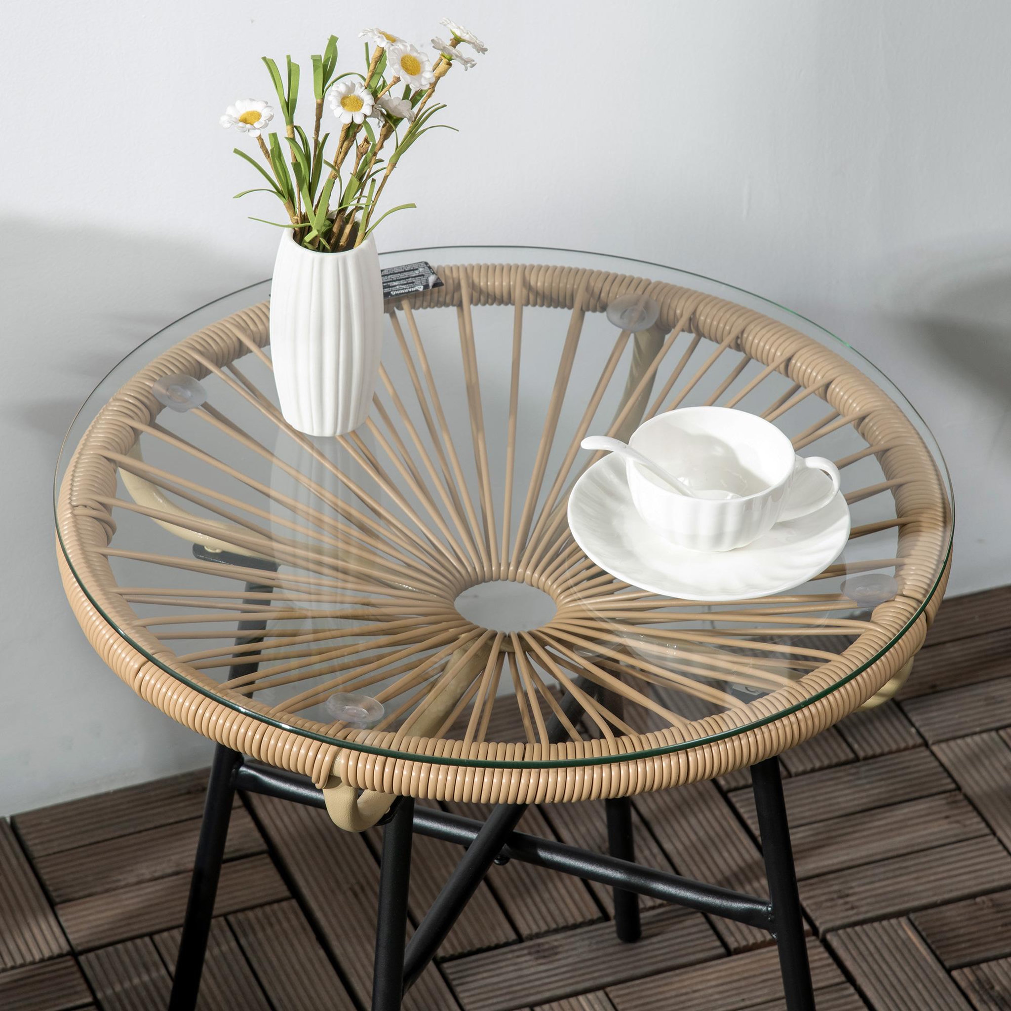 Voir la diapositive 6 : OUTSUNNY Table basse ronde de jardin en résine aspect rotin métal et plateau verre trempé Ø 50 x 50H cm beige