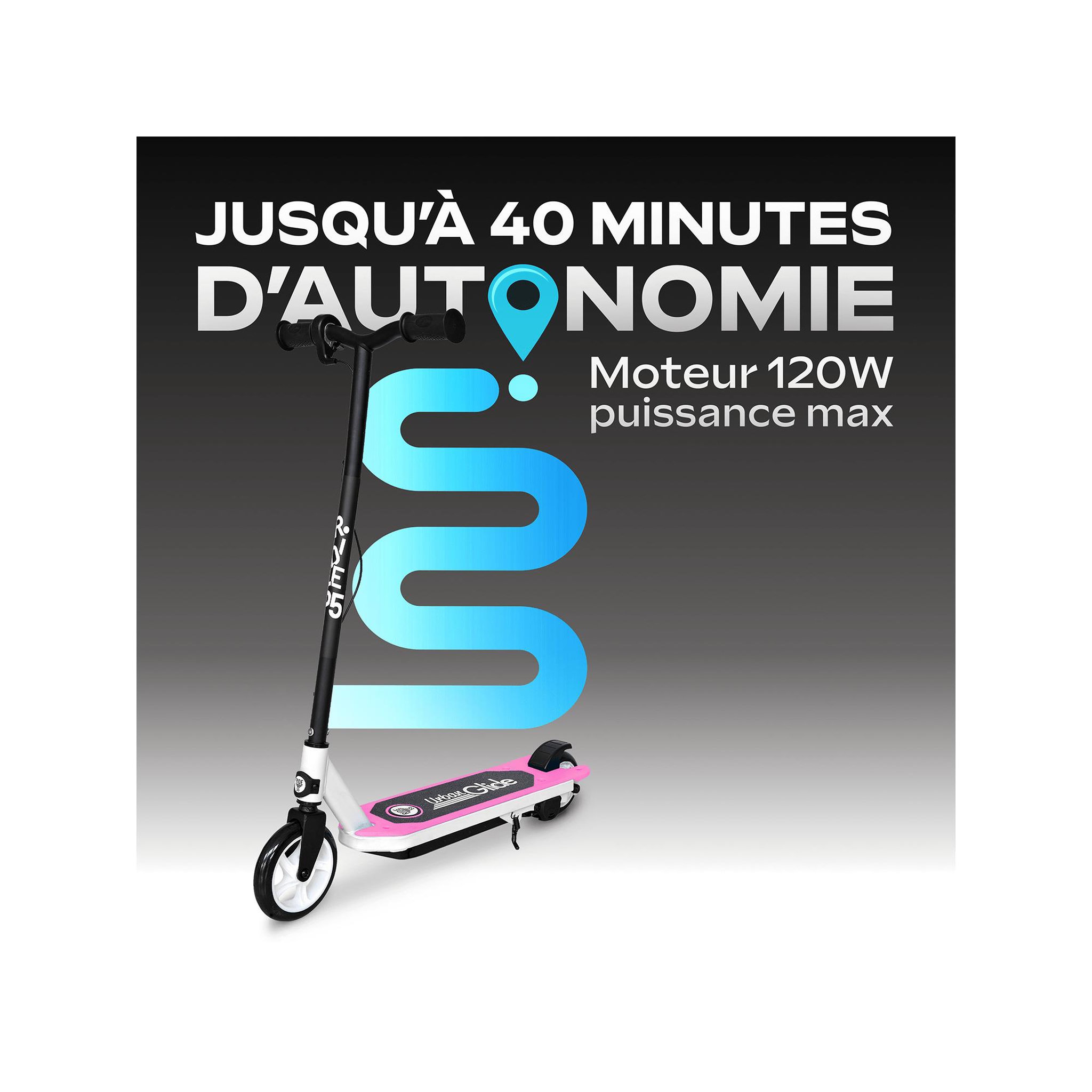 Voir la diapositive 4 : URBANGLIDE Trottinette électrique enfant ride 55 rose – moteur 30w - 10 km/h - autonomie jusqu'a 40 min - 3-8 ans