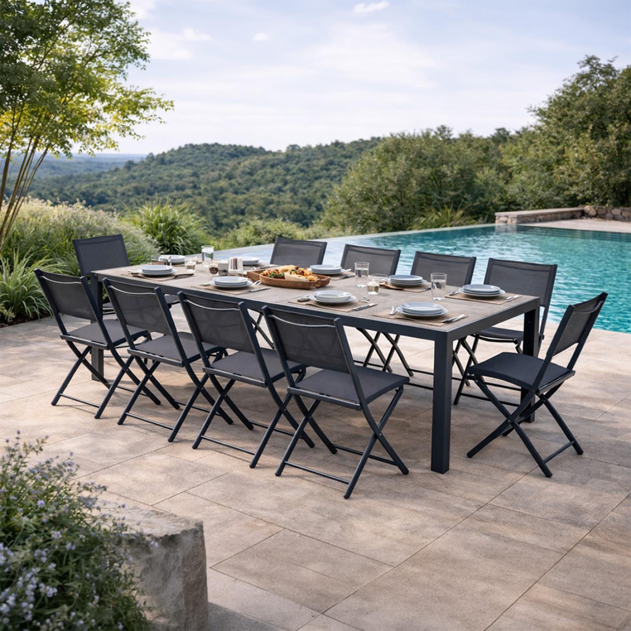 Voir la diapositive 6 : CONCEPT USINE Table de jardin 200cm en aluminium et avec plateau en verre trempé effet bois LAGOS