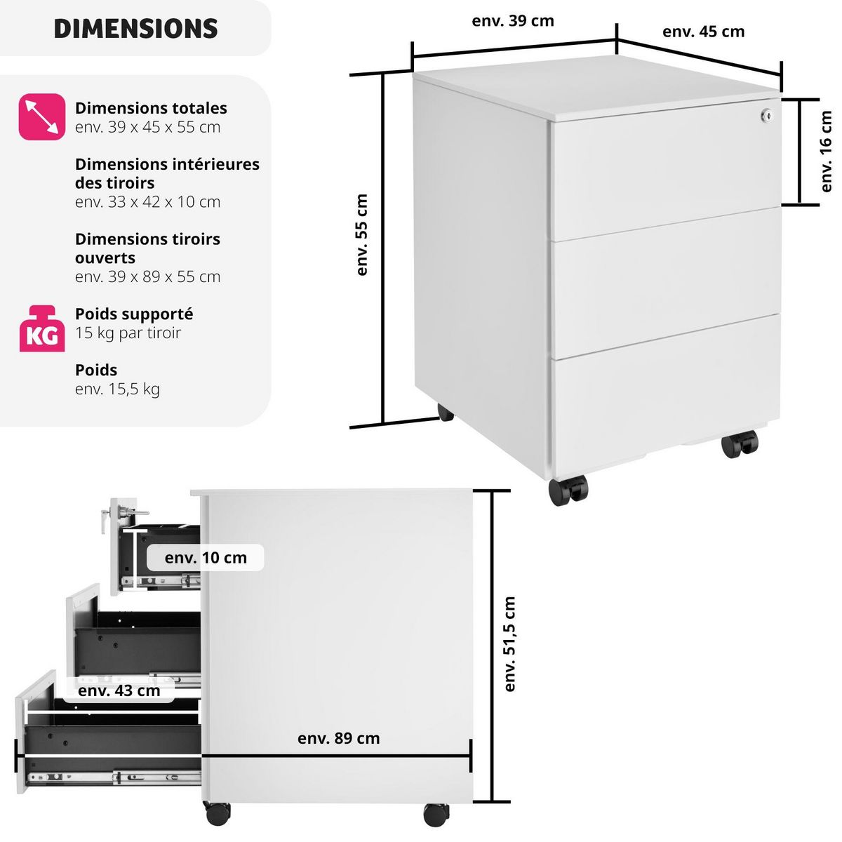 tectake Caisson de bureau à roulettes en acier laqué époxy blanc