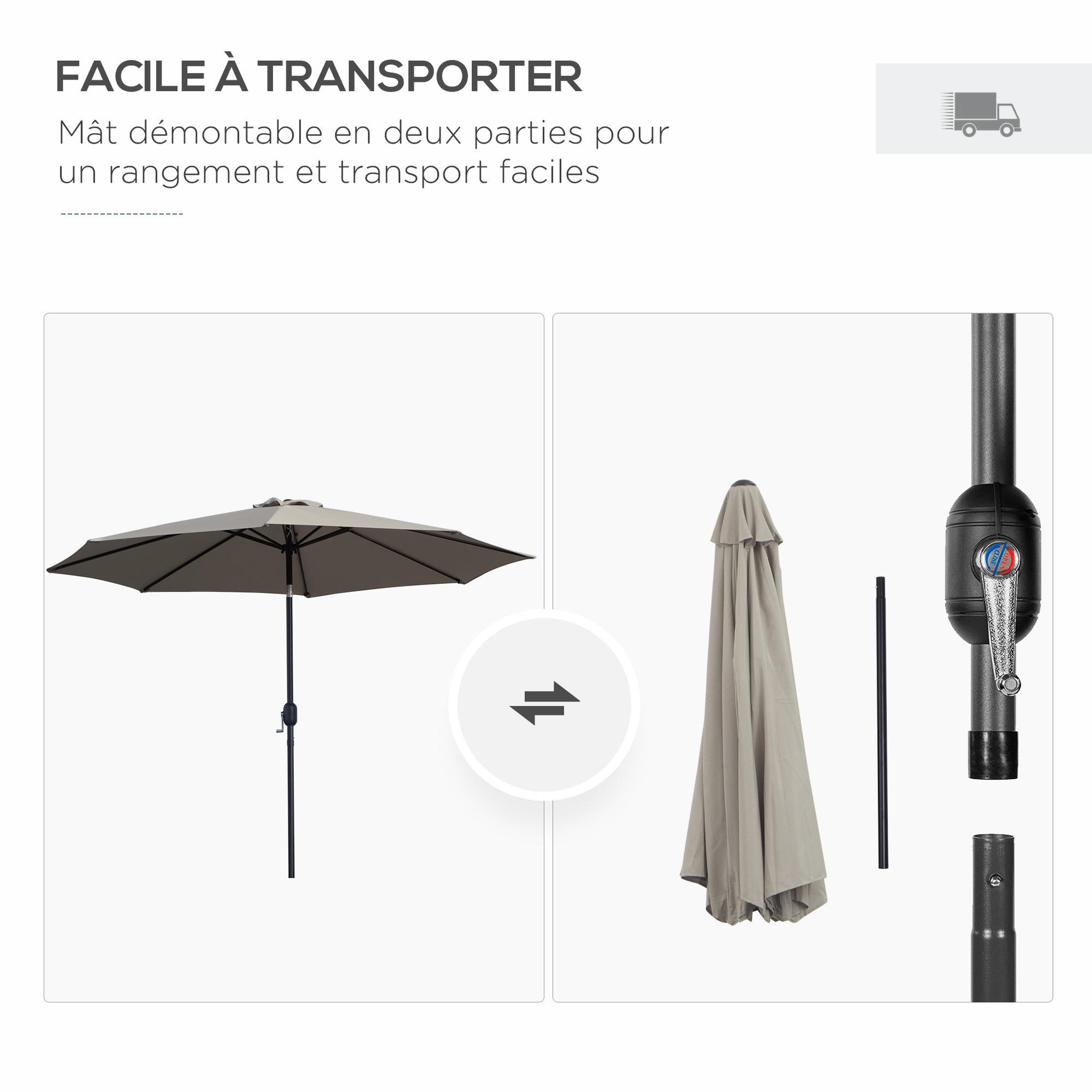 Voir la diapositive 6 : OUTSUNNY Parasol inclinable octogonal Ø 3 x 2,45 m ouverture fermeture par manivelle métal polyester haute densité gris clair
