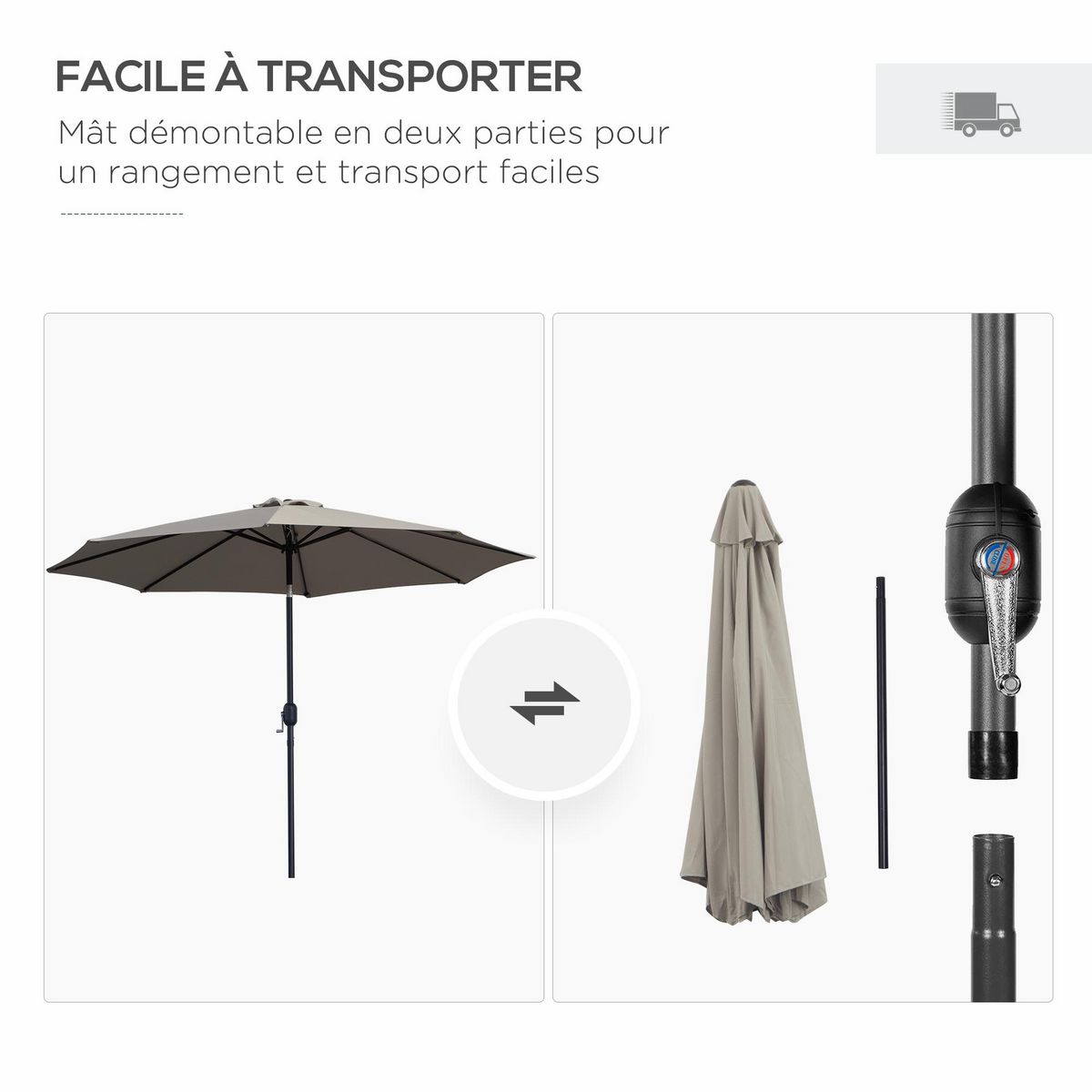 OUTSUNNY Parasol inclinable octogonal Ø 3 x 2,45 m ouverture fermeture par manivelle métal polyester haute densité gris clair