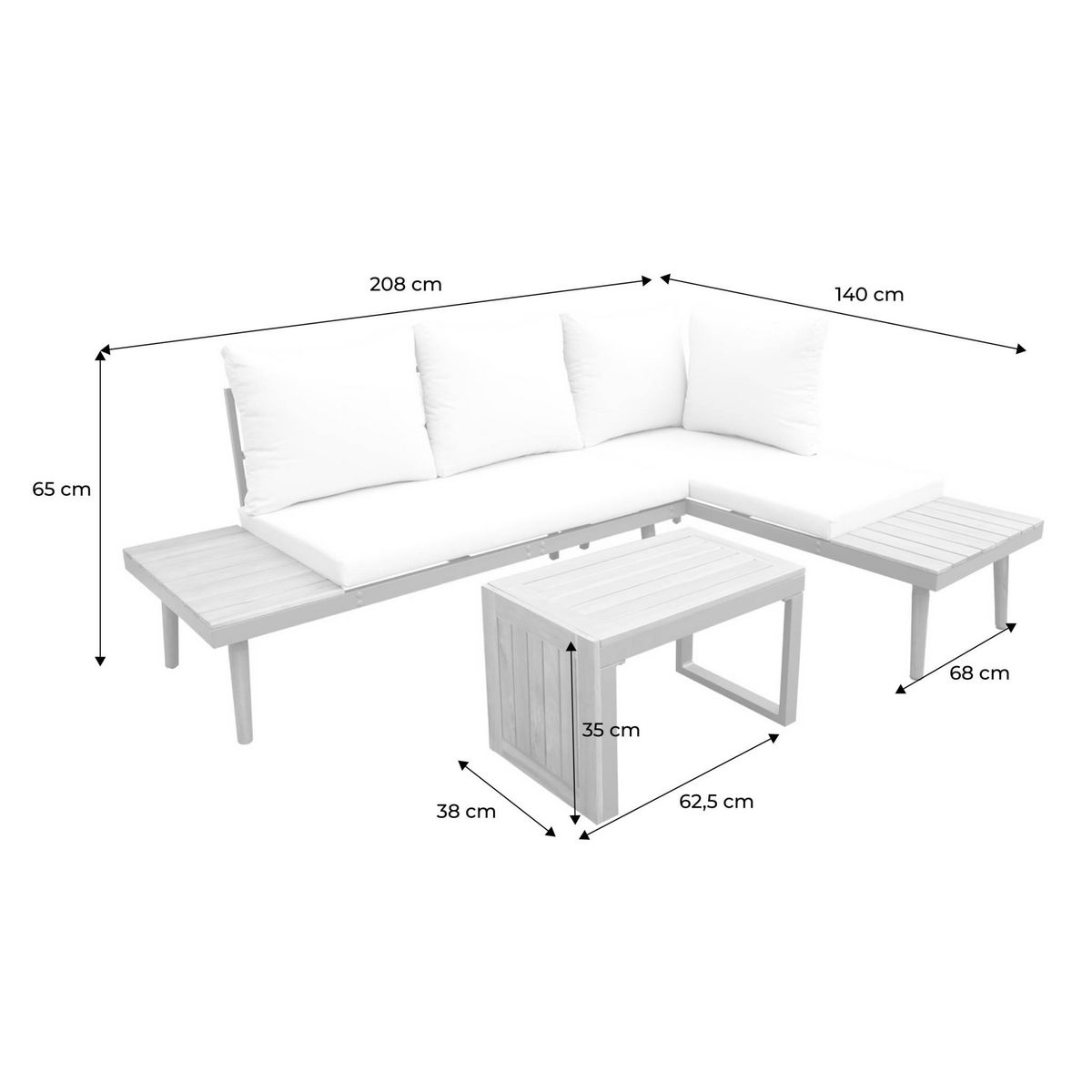 SWEEEK Salon modulable, Sao Paulo,  aluminium et acacia, 4 places 140 x 68 x 65cm