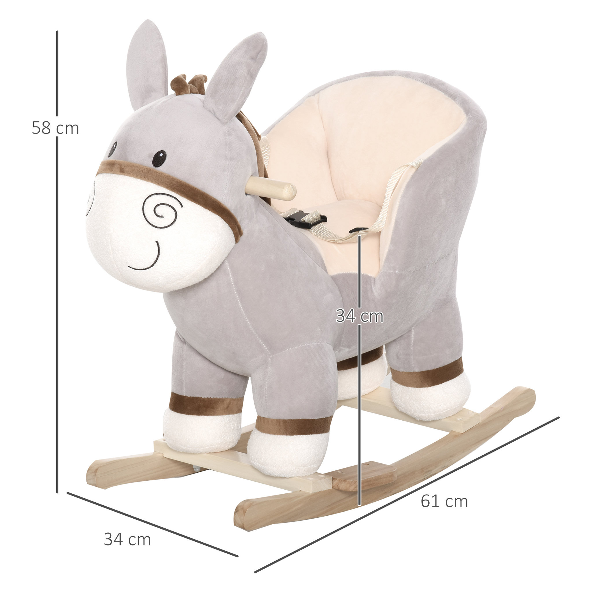 Voir la diapositive 3 : HOMCOM Cheval à bascule modèle âne fonction musicale selle grand confort peluche courte douce bois peuplier gris dim. 61L x 34l x 58H cm