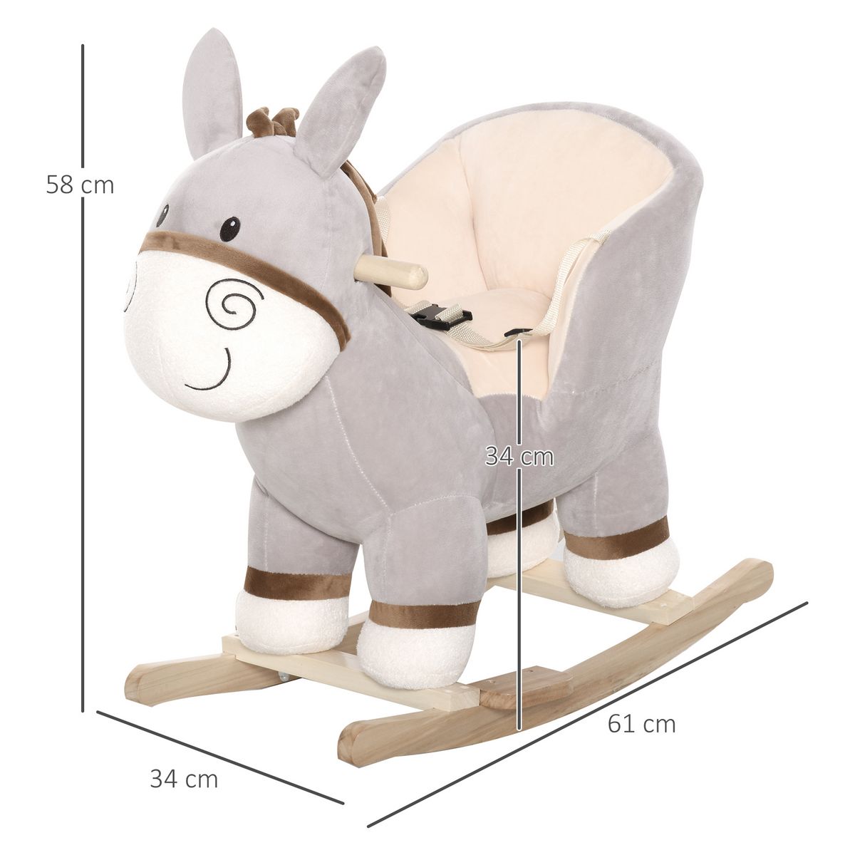 HOMCOM Cheval à bascule modèle âne fonction musicale selle grand confort peluche courte douce bois peuplier gris dim. 61L x 34l x 58H cm