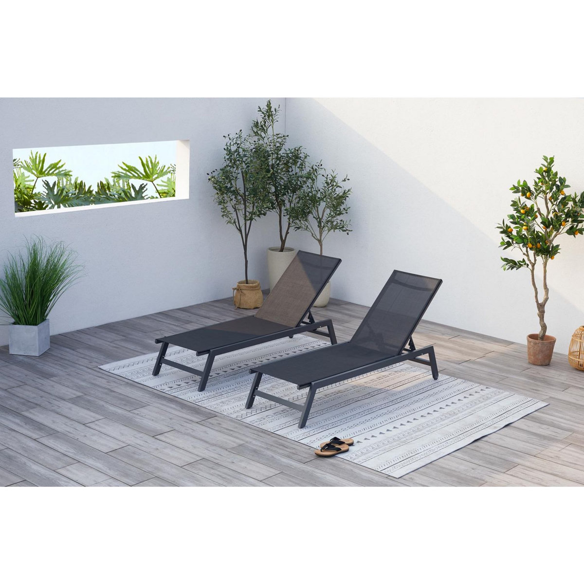 CONCEPT USINE Lot de 2 transats avec roulettes gris foncé et noir PRATO