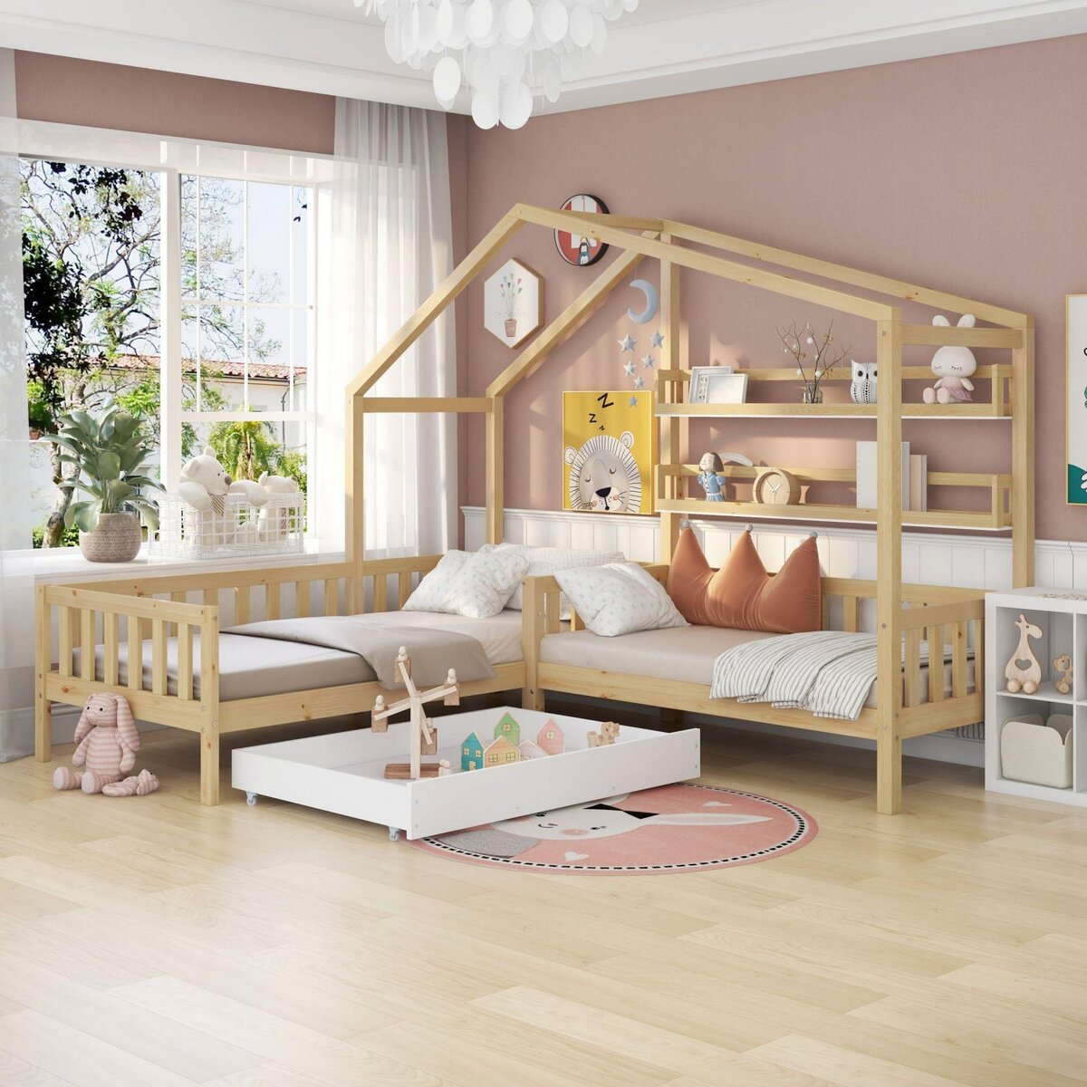 MERAX Lit cabane enfant 90x200(70x140)cm pin coloris naturel