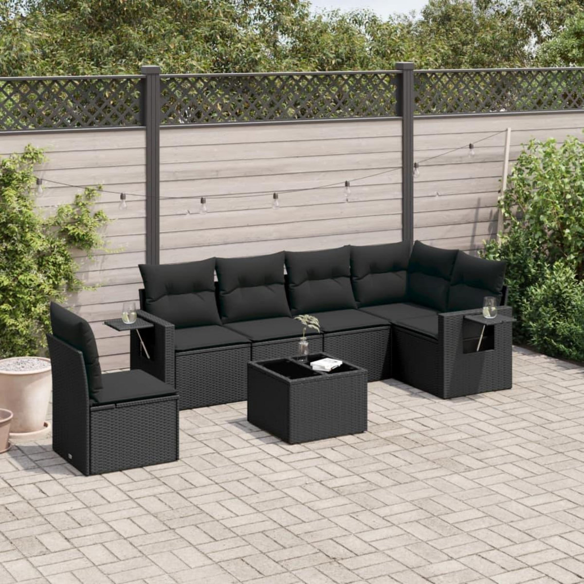 VIDAXL Salon de jardin 7 pcs avec coussins noir resine tressee