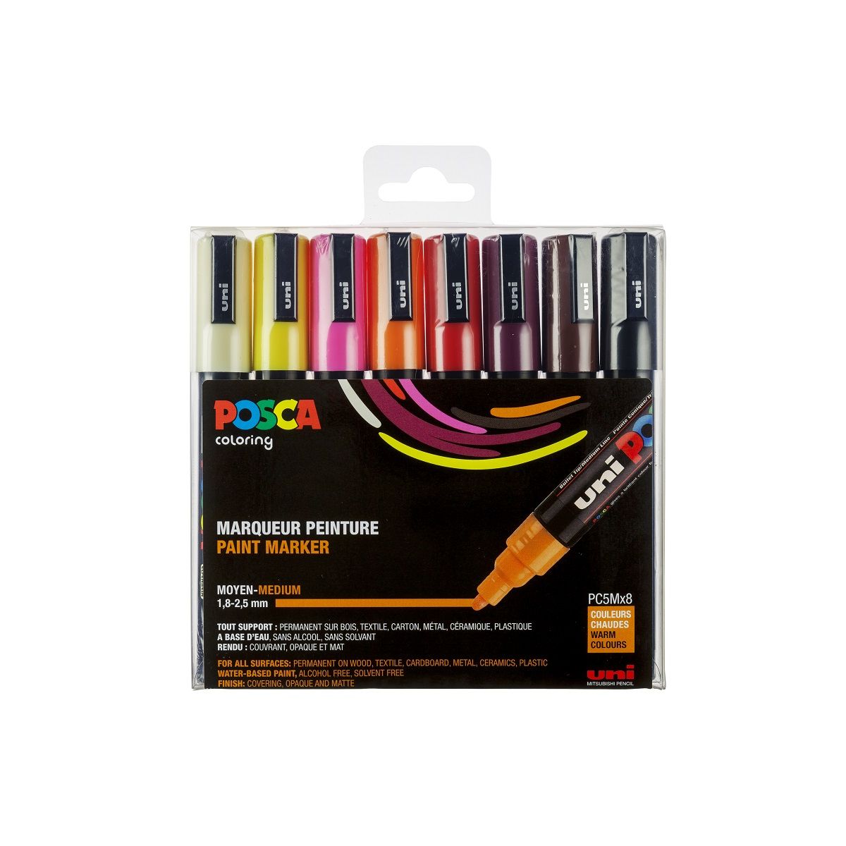 POSCA Lot de 8 marqueurs pointe moyenne Posca - Ivoire, jaune, noir, rose, orange