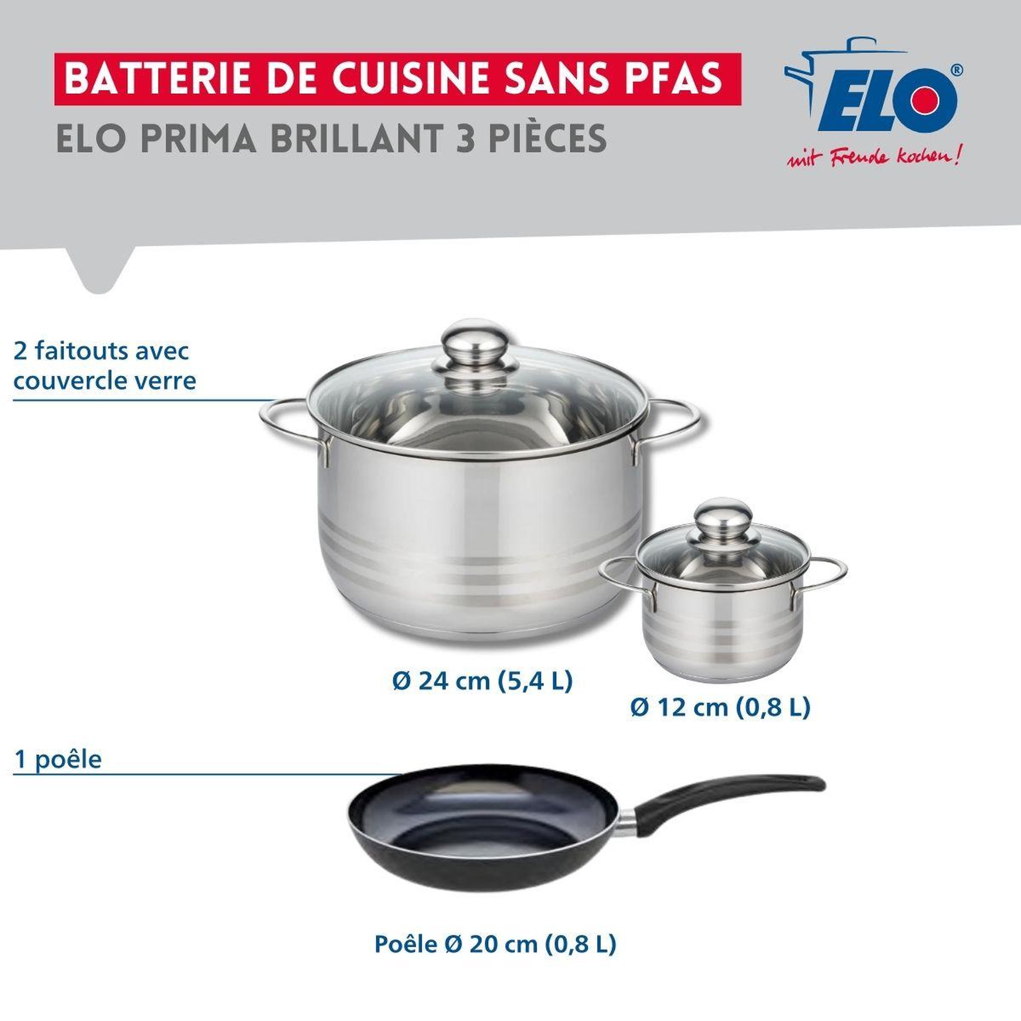 Voir la diapositive 2 : ELO Ensemble de 1 poêle de cuisson 20 cm et 2 faitouts 12 et 24 cm elo prima brillant