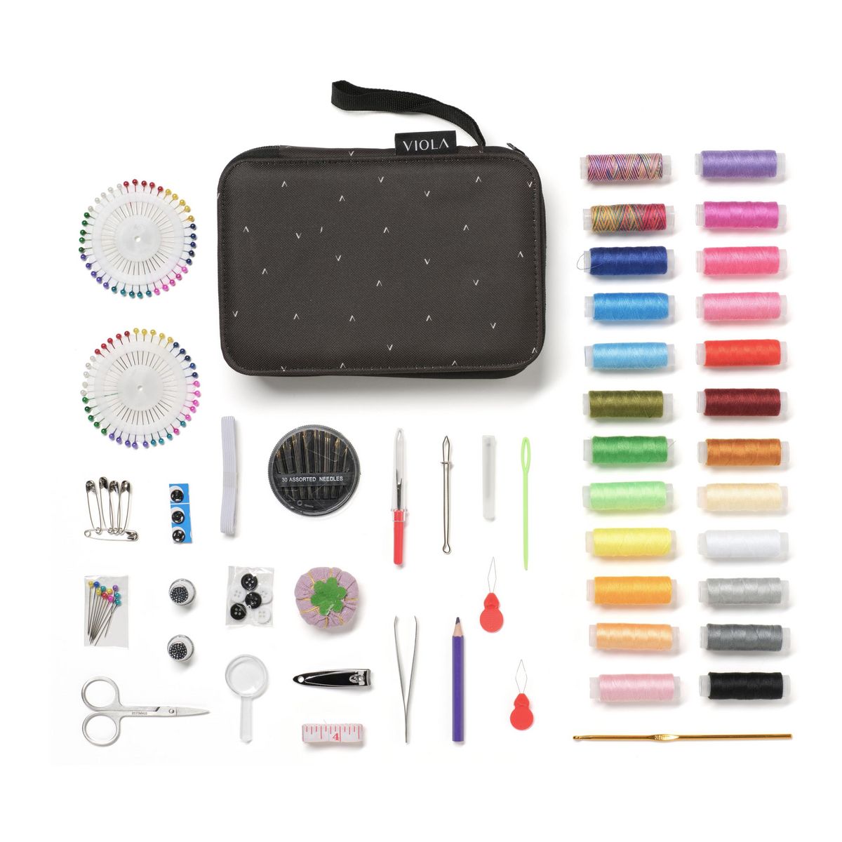 VIOLA Kit de couture ZIGZAG, Accessoires pour Coudre 178 Pièces, Set de Couture pour Débutants, 24 Bobines de Fil, Boîte à Couture Complete, Coffret, Aiguilles, Boutons, Réparation de Vêtements