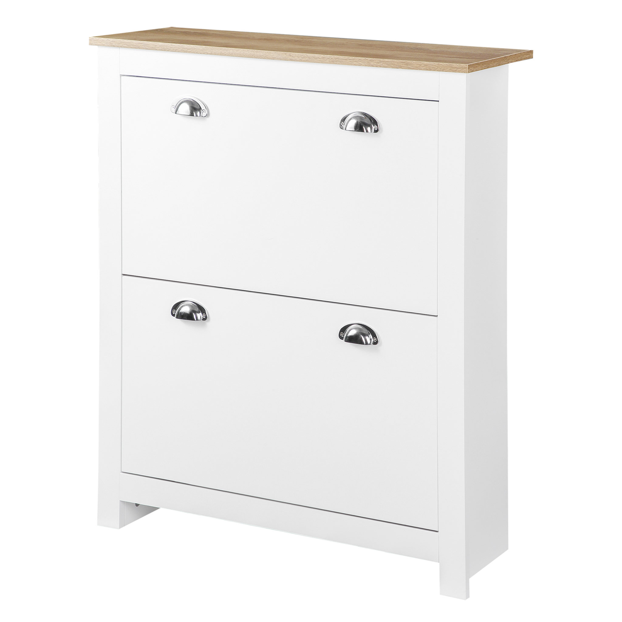 Voir la diapositive 1 : HOMCOM Armoire à chaussures 2 portes abattantes 2 compartiments poignées coquilles métal MDF blanc chêne clair