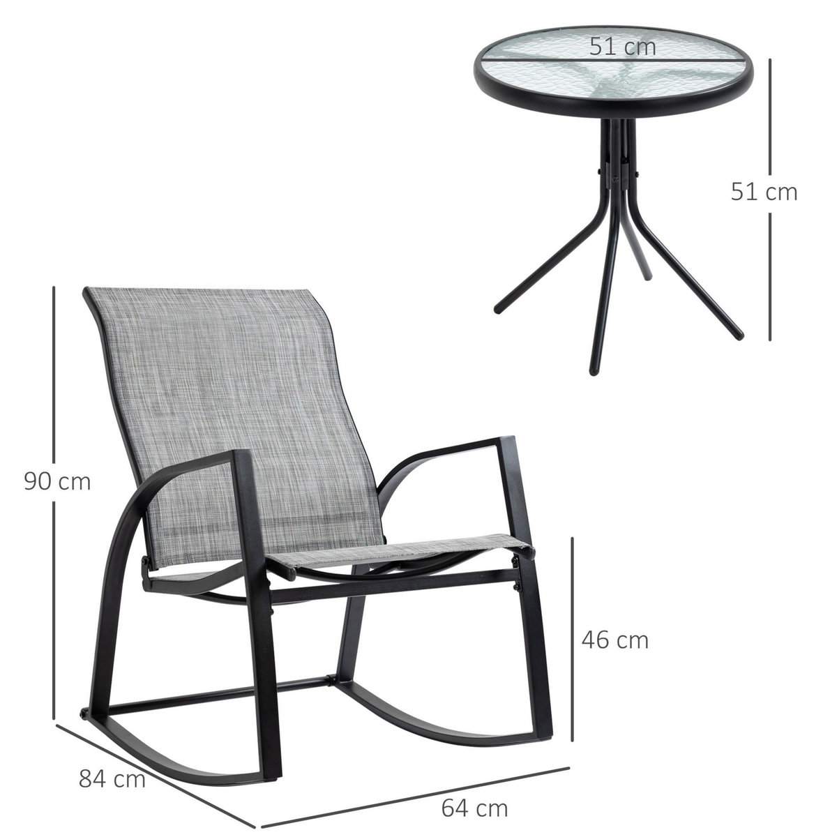 OUTSUNNY Ensemble de jardin 3 pièces 2 fauteuils à bascule table basse plateau verre trempé acier époxy textilène gris