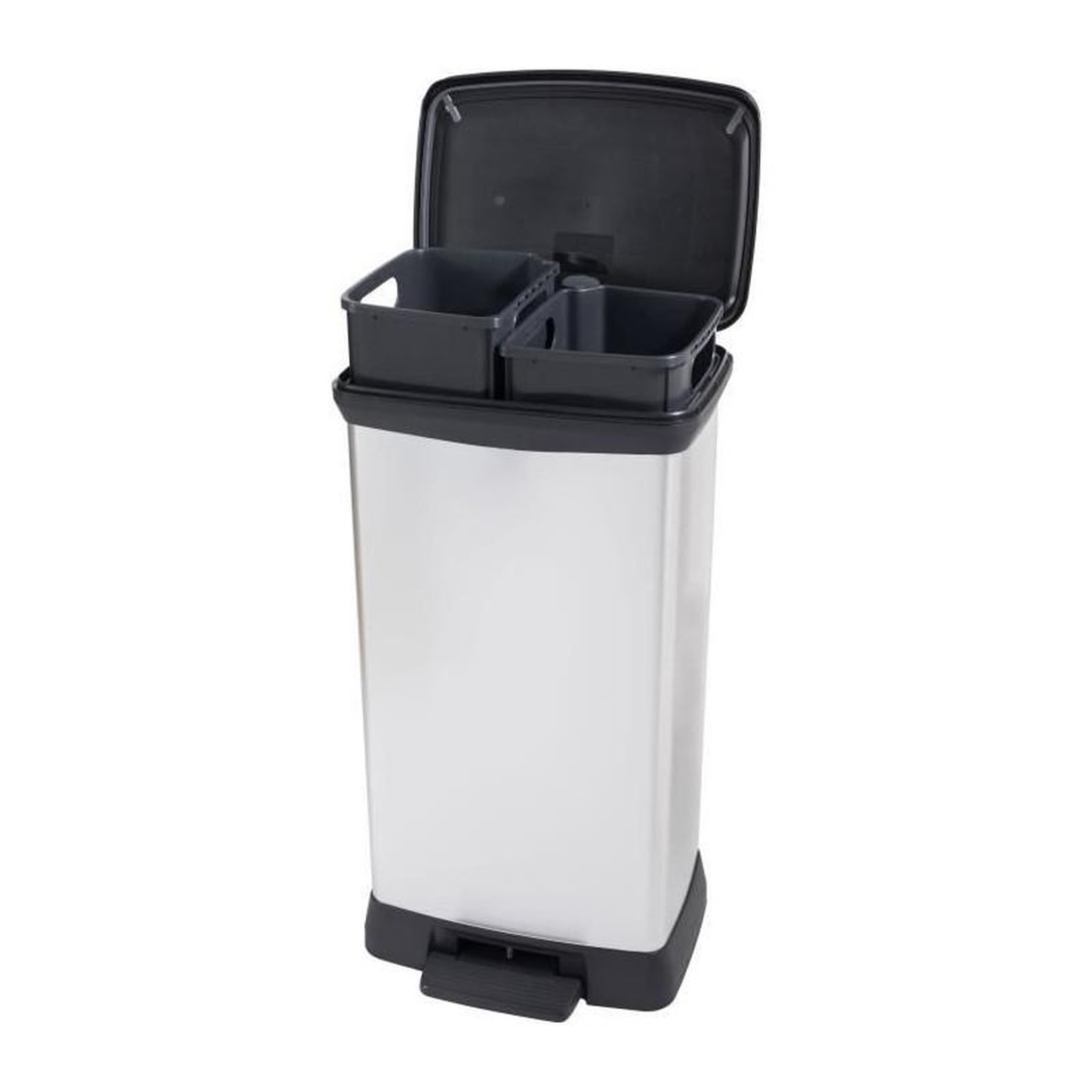 CURVER Poubelle Duo Rectangle - DECO BIN - CURVER - 46L (23+23L) - Double compartiment - 39 x 29 x 72 cm - Gris métallisé