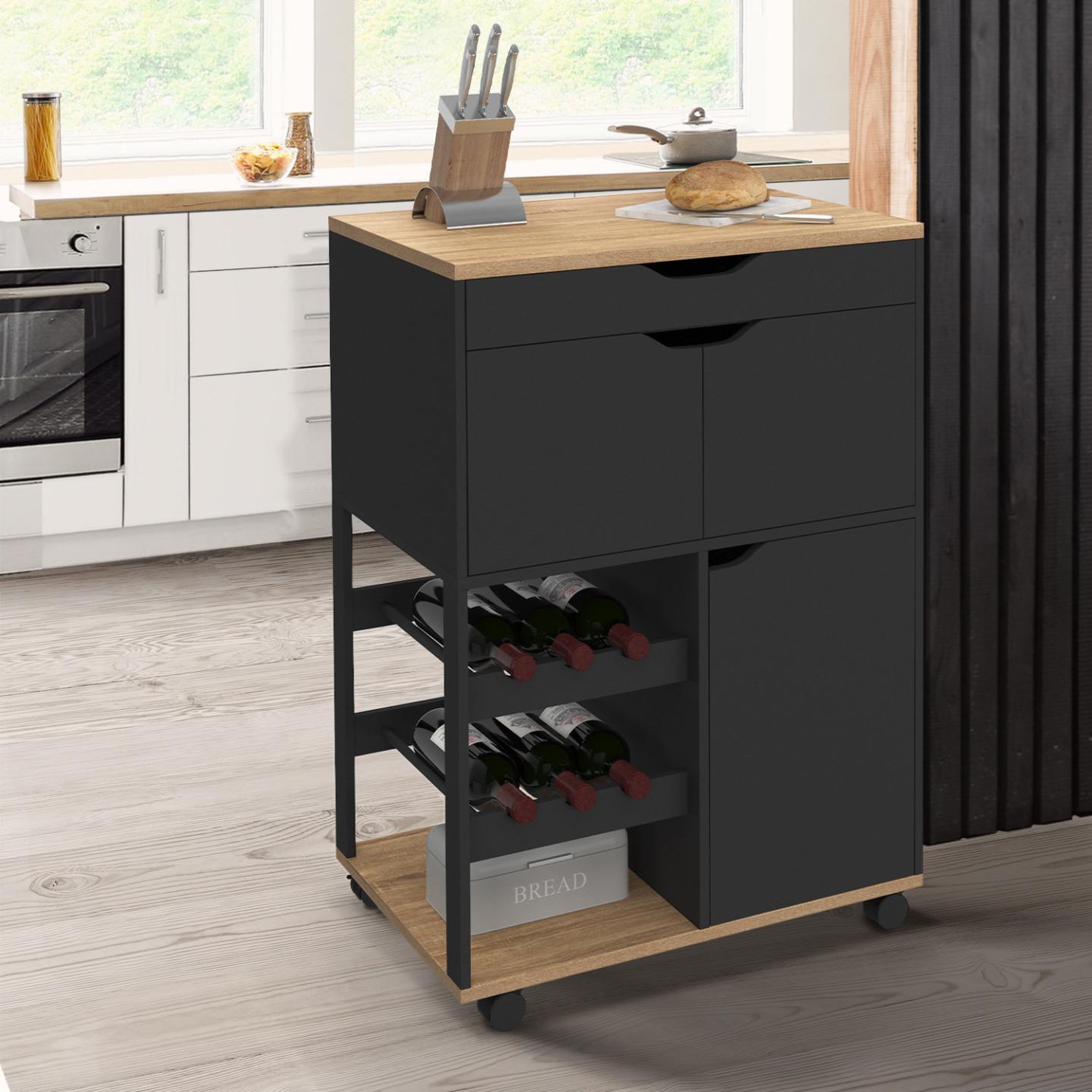 Voir la diapositive 2 : ID MARKET Desserte de cuisine cosy avec placards et range bouteilles bois et noir