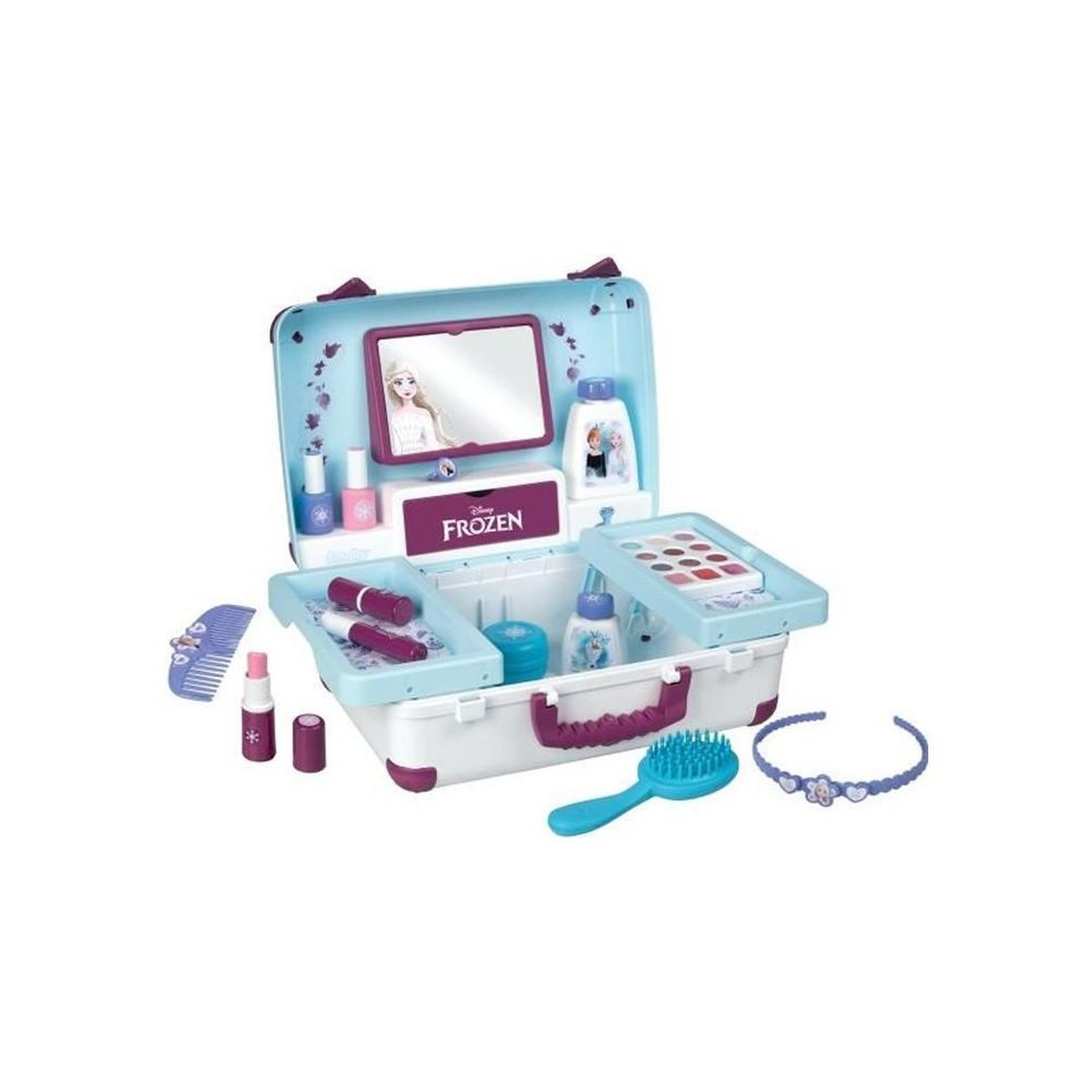 SMOBY Valisette de maquillage Frozen à miroir, mallette beauté enfant avec 2 fermetures et poignée, accessoires coiffage, ongles et maquillage (13 pièces)