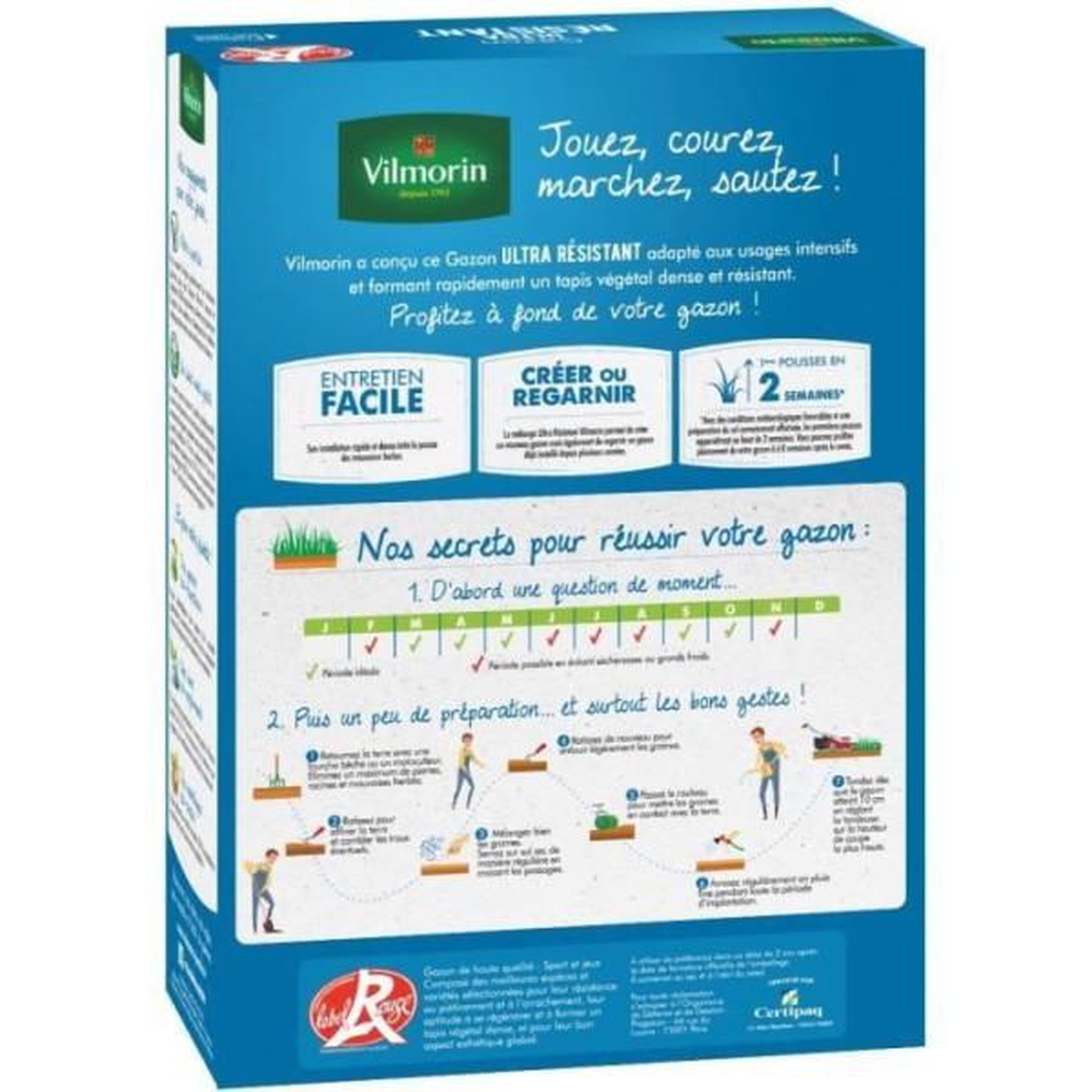 Voir la diapositive 2 : VILMORIN Semences de gazon vilmorin - ultra résistant boite de 1kg- label rouge - résistant aux piétinements