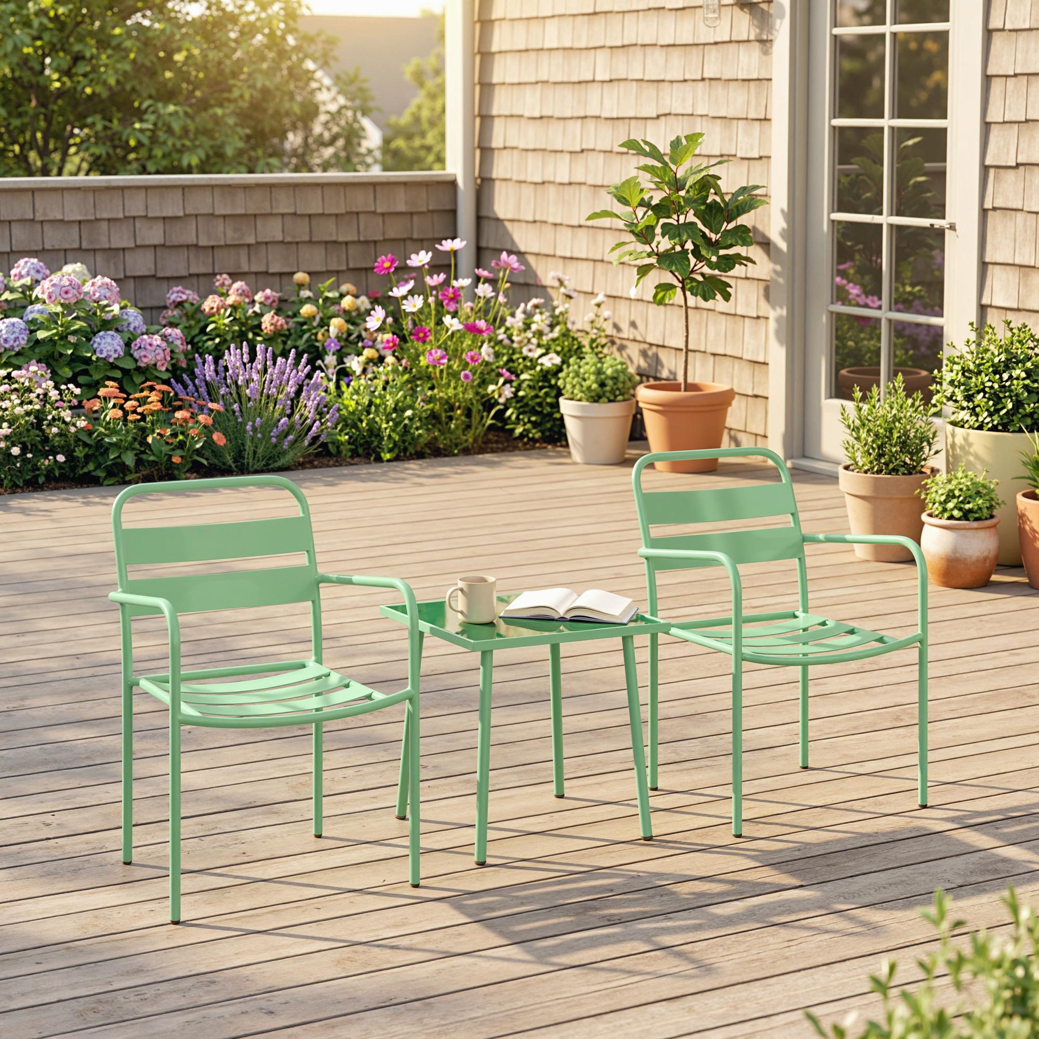 Voir la diapositive 2 : OUTSUNNY Ensemble bistro de jardin 3 pièces métal style vintage vert pastel