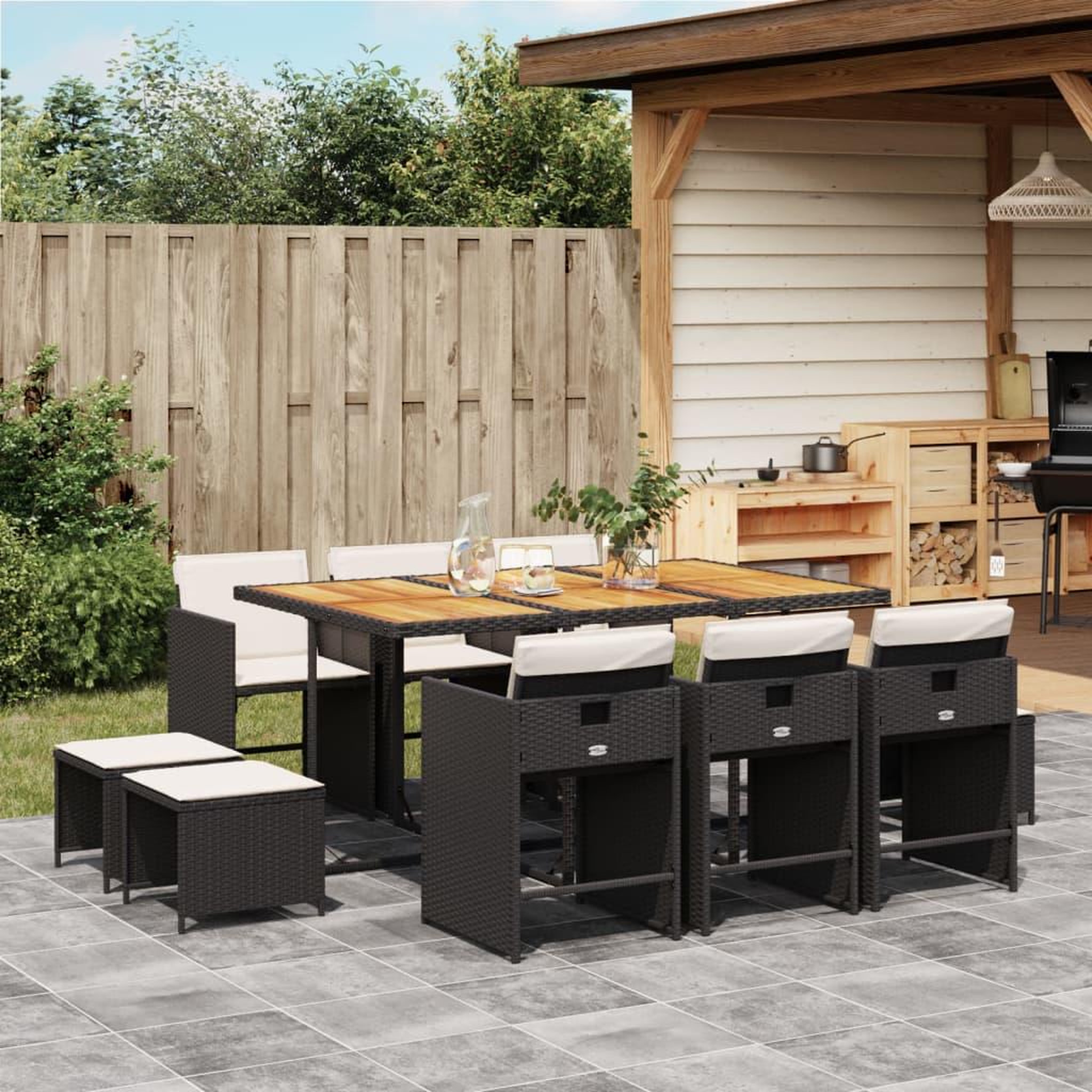 VIDAXL Ensemble a manger de jardin 11 pcs coussins noir resine tressee