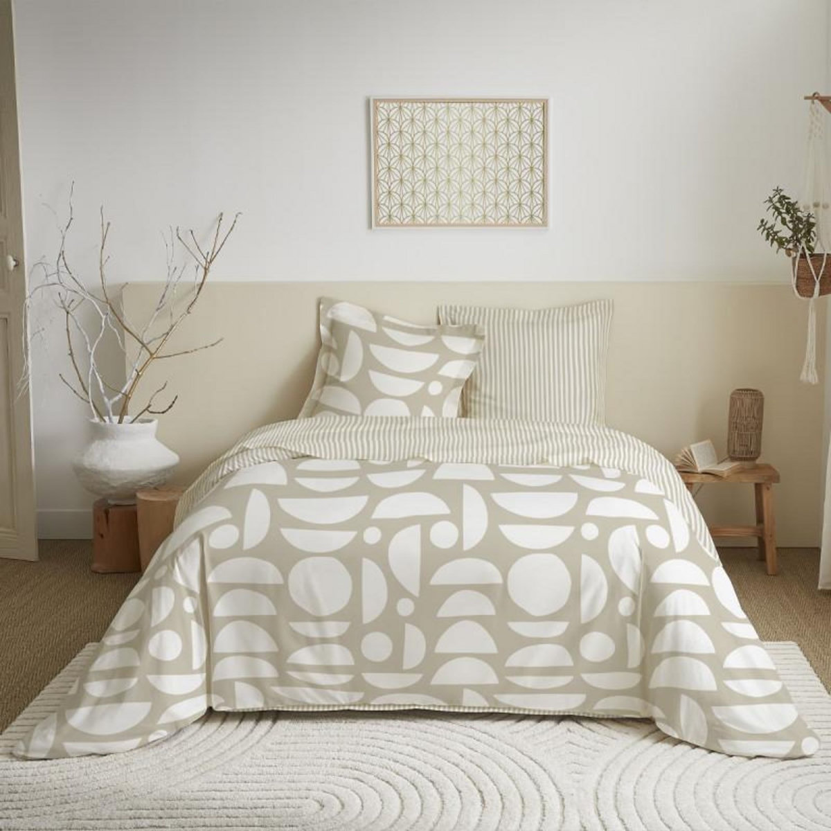 COTON PUR Parure de draps 4 pièces pour lit 160 x 200 cm  Grande largeur  Mykonos naturel