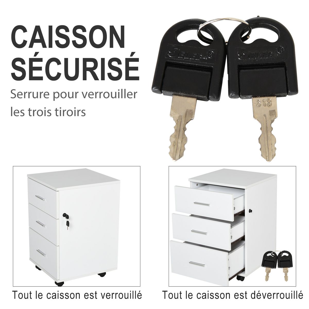 HOMCOM HOMCOM Caisson de Bureau Rangement Bureau sur Roulettes 3 Tiroirs Verrouillables 40 x 41,5 x 61,5 cm Blanc