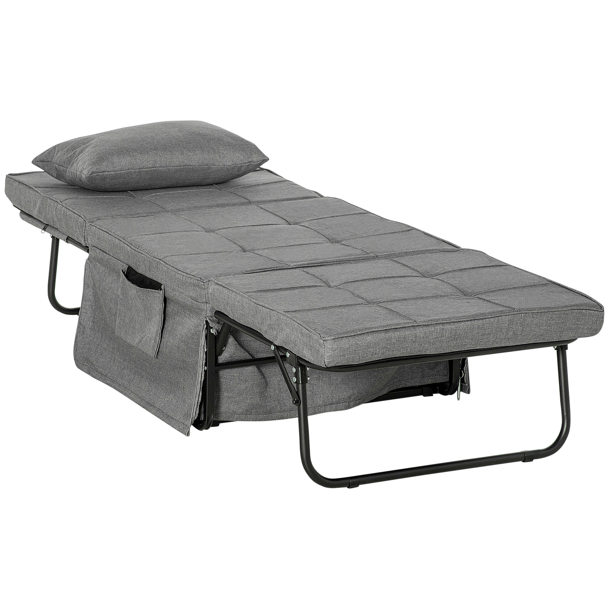 Voir la diapositive 1 : HOMCOM Fauteuil relax canapé pouf lit d'appoint 4 en 1 dossier inclinable 5 niveaux repose-pied rabattable châssis acier noir polyester gris