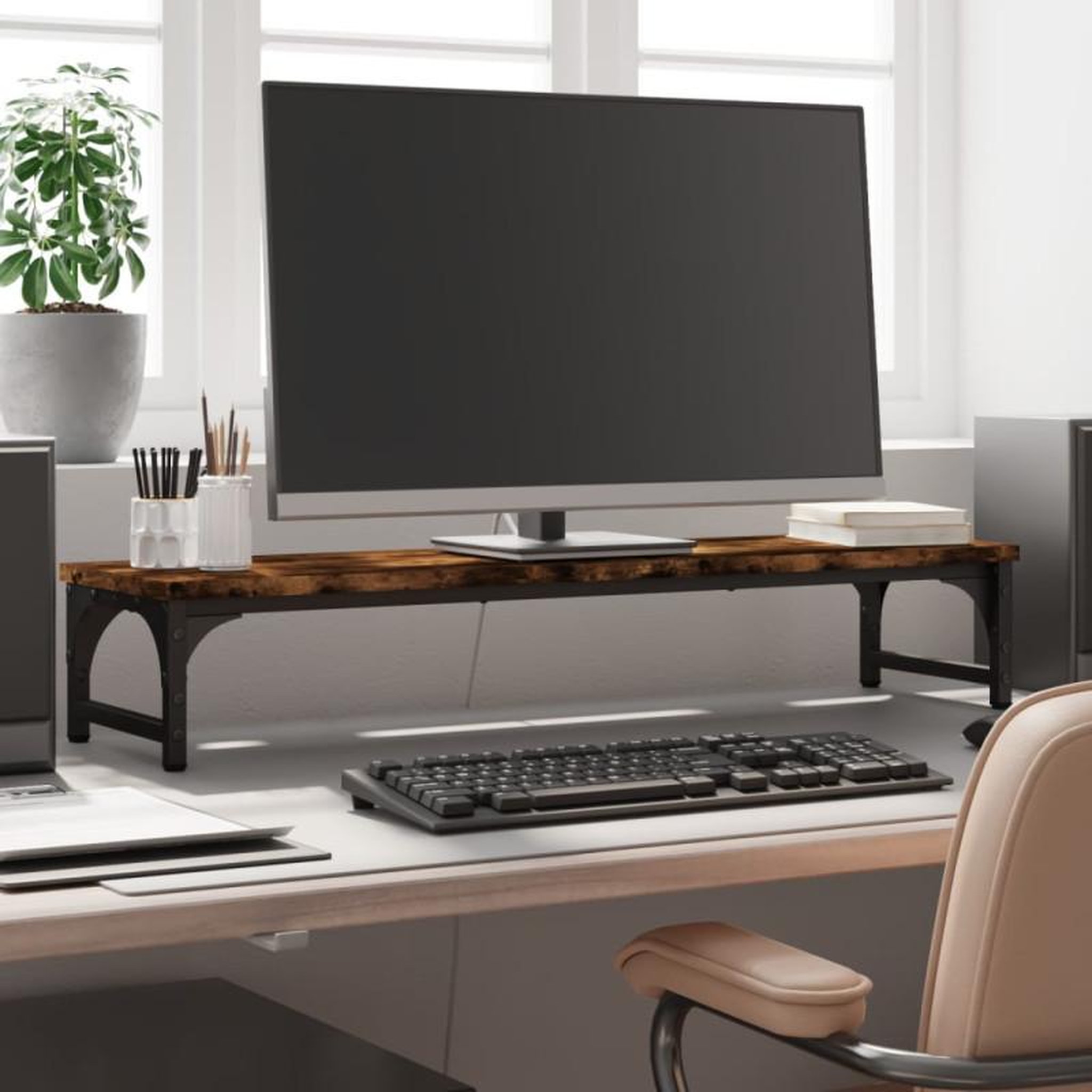 Voir la diapositive 1 : VIDAXL Support de moniteur chêne fumé 85x23x15,5 cm bois d ingénierie