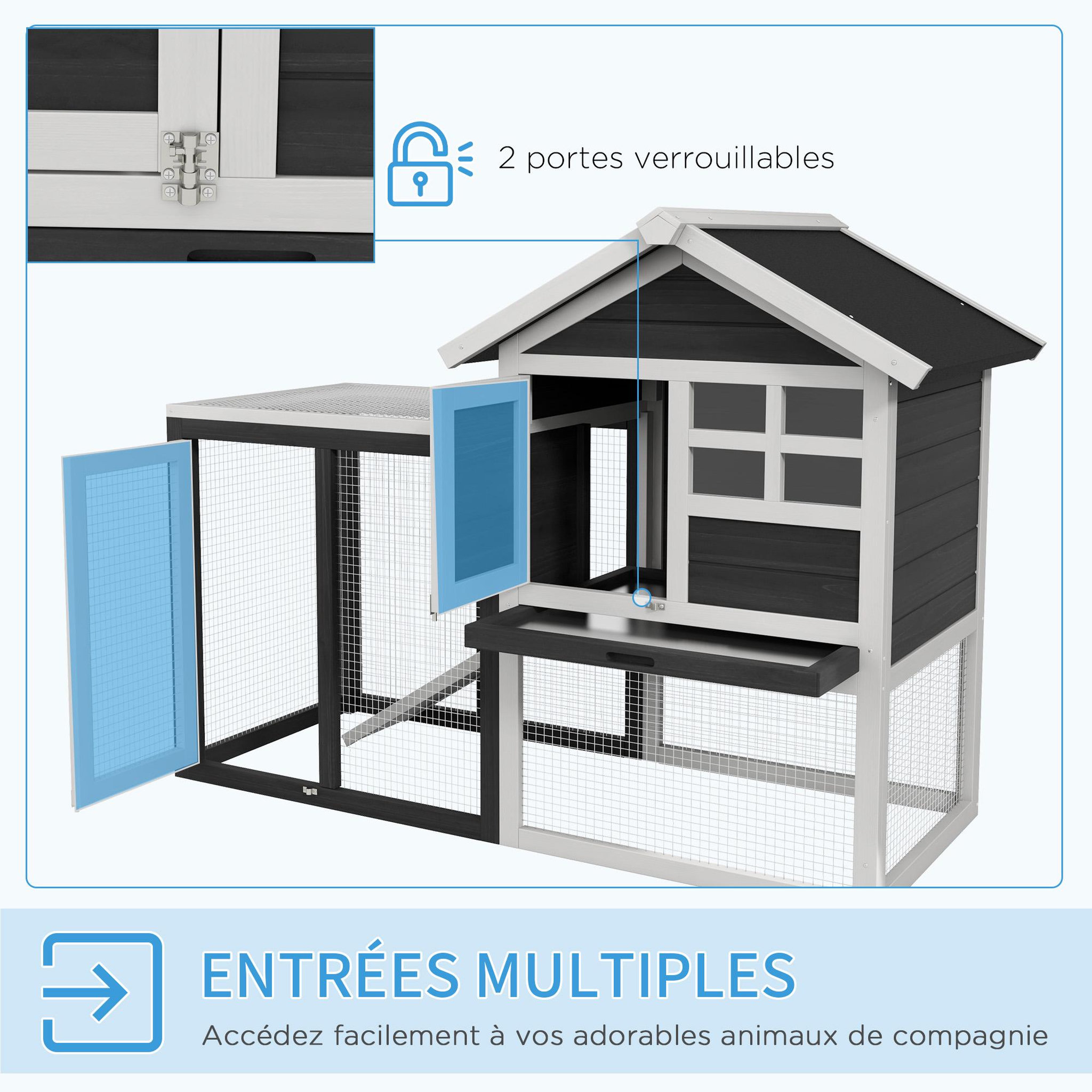 Voir la diapositive 5 : PAWHUT Clapier cage à lapins multi-équipé : niche supérieure avec rampe, plateau excrément, fenêtre + enclos  extérieur sécurisé 2 portes 122l x 63l x 92h cm gris