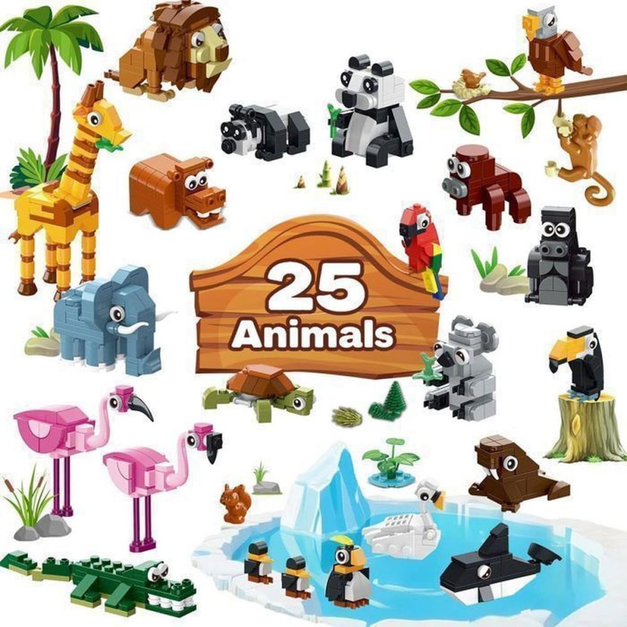 Voir la diapositive 2 : Kit de construction Zoo 25 en 1 avec 25 animaux et 8 habitats, tapis de jeu pliable 38 x 38 cm, dès 6 ans