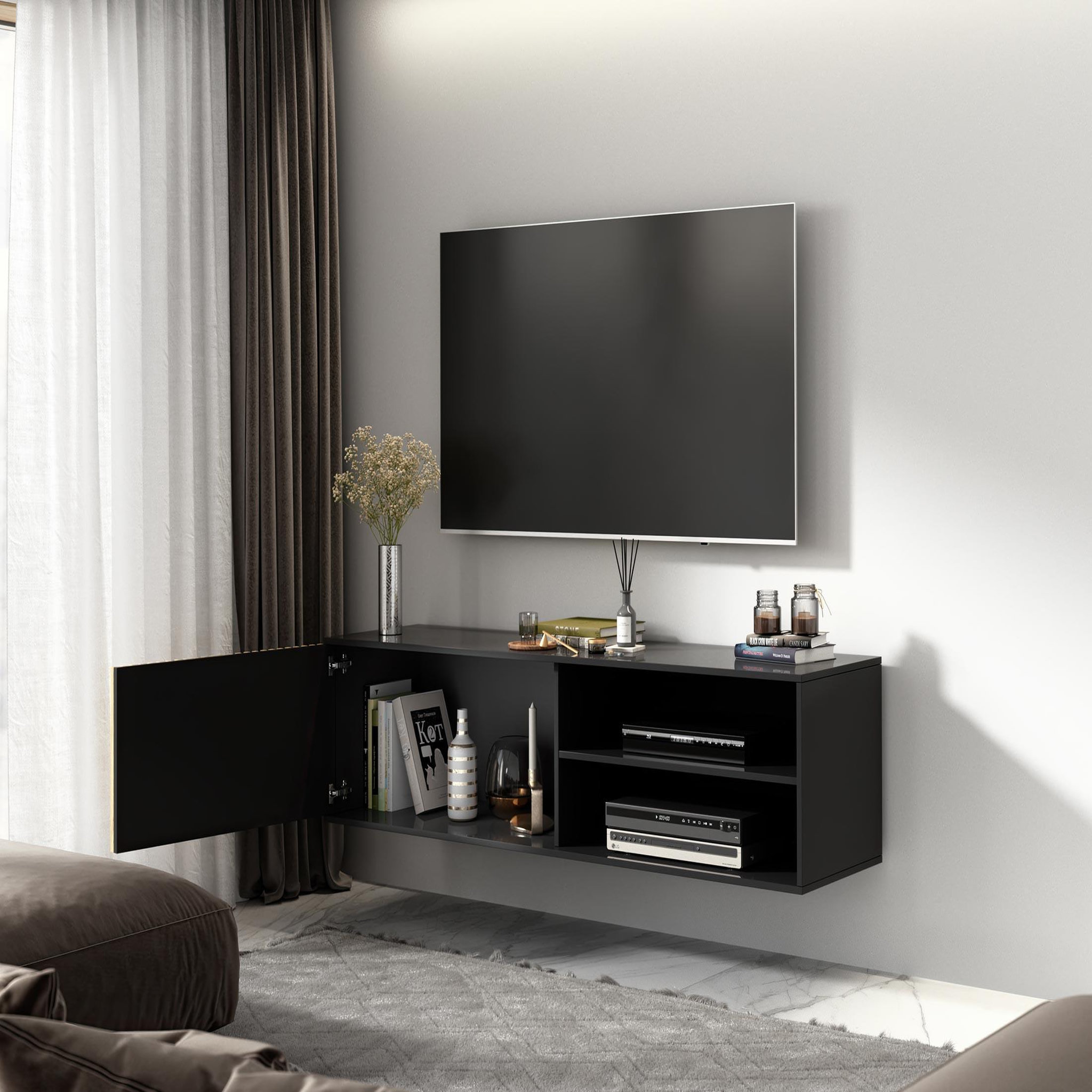 Voir la diapositive 2 : BEST MOBILIER Savanna - meuble tv suspendu - effet bois et noir - 2 niches et 1 porte - 150 cm