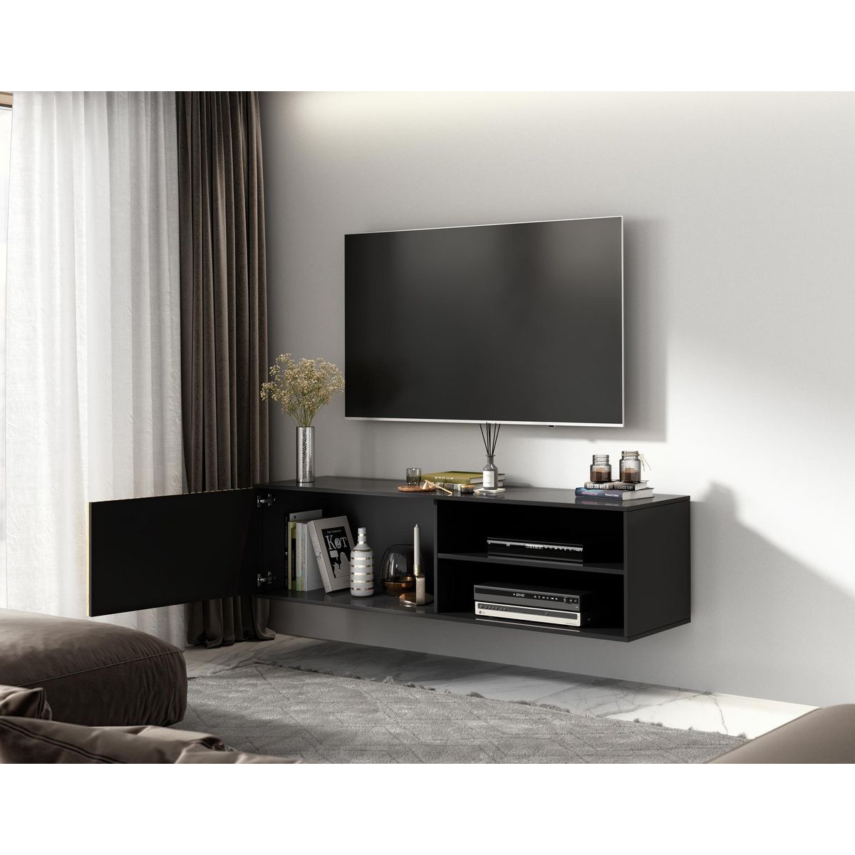 BEST MOBILIER Savanna - meuble tv suspendu - effet bois et noir - 150 cm
