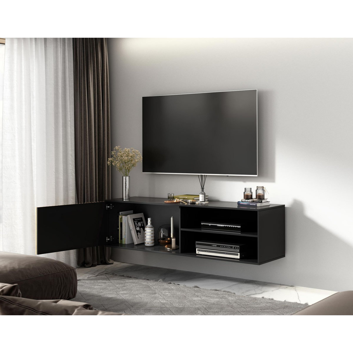 BEST MOBILIER Savanna - meuble tv suspendu - effet bois et noir - 2 niches et 1 porte - 150 cm