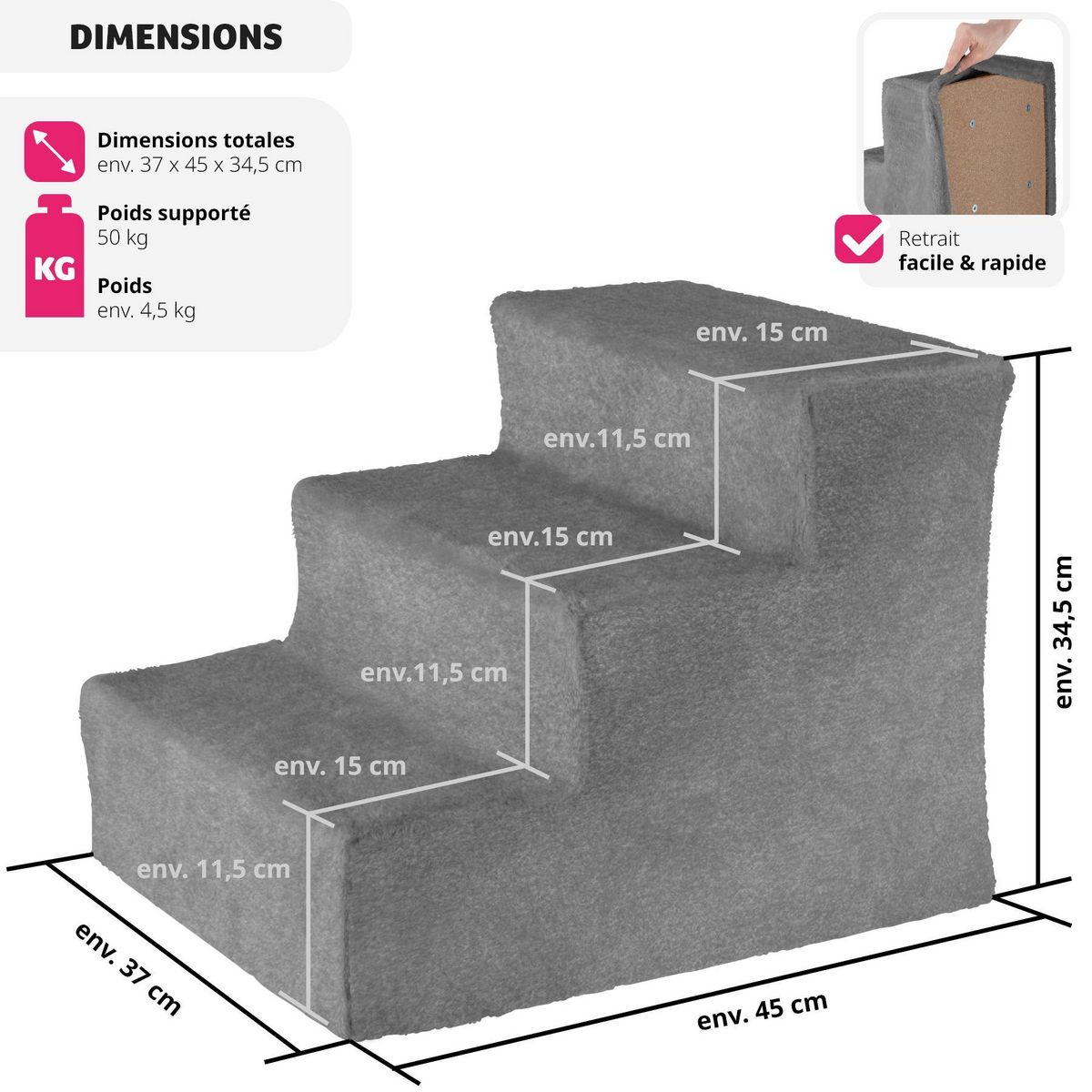 tectake Escalier pour animaux domestiques 37 x 45 x 34,5 cm gris