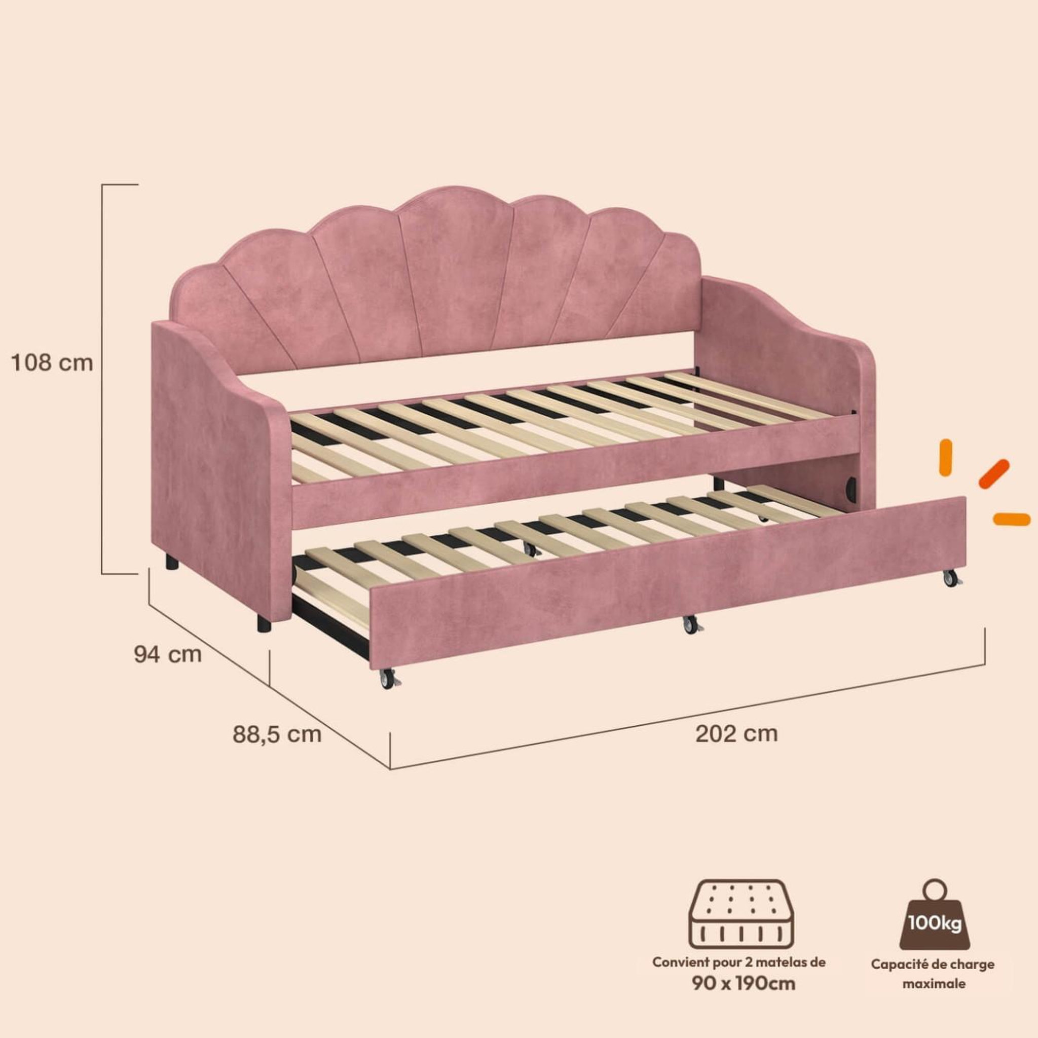 Voir la diapositive 4 : ID MARKET Lit banquette gigogne coquillage amanda 2 x 90 x 190 cm avec 2 sommiers velours rose poudré