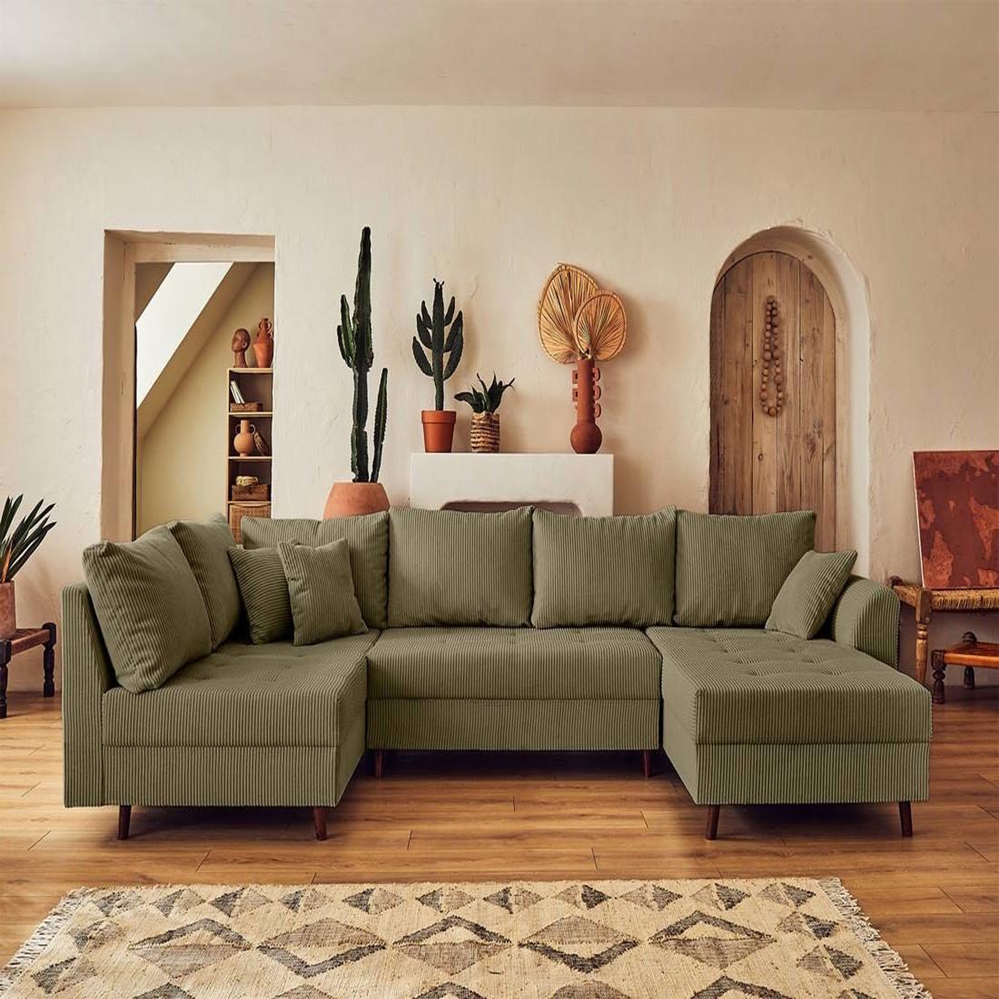Voir la diapositive 5 : BEST MOBILIER Rune - canapé panoramique d'angle gauche - 7 places - avec pouf d'appoint - en velours côtelé