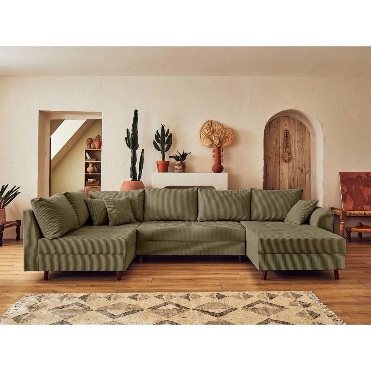 LISA DESIGN Rune - canapé panoramique d'angle gauche - 7 places - avec pouf d'appoint - en velours côtelé