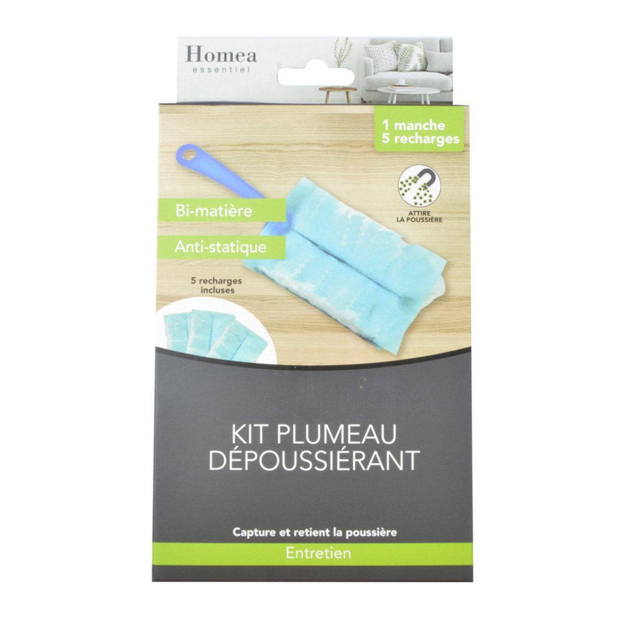 Voir la diapositive 2 : HOMEA Plumeau dépoussiérant  5 recharges  bleu