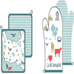 Les Ateliers du Linge Lot gant et manique 100% coton 185gsm cap normand. Coloris disponibles : Blanc, Bleu