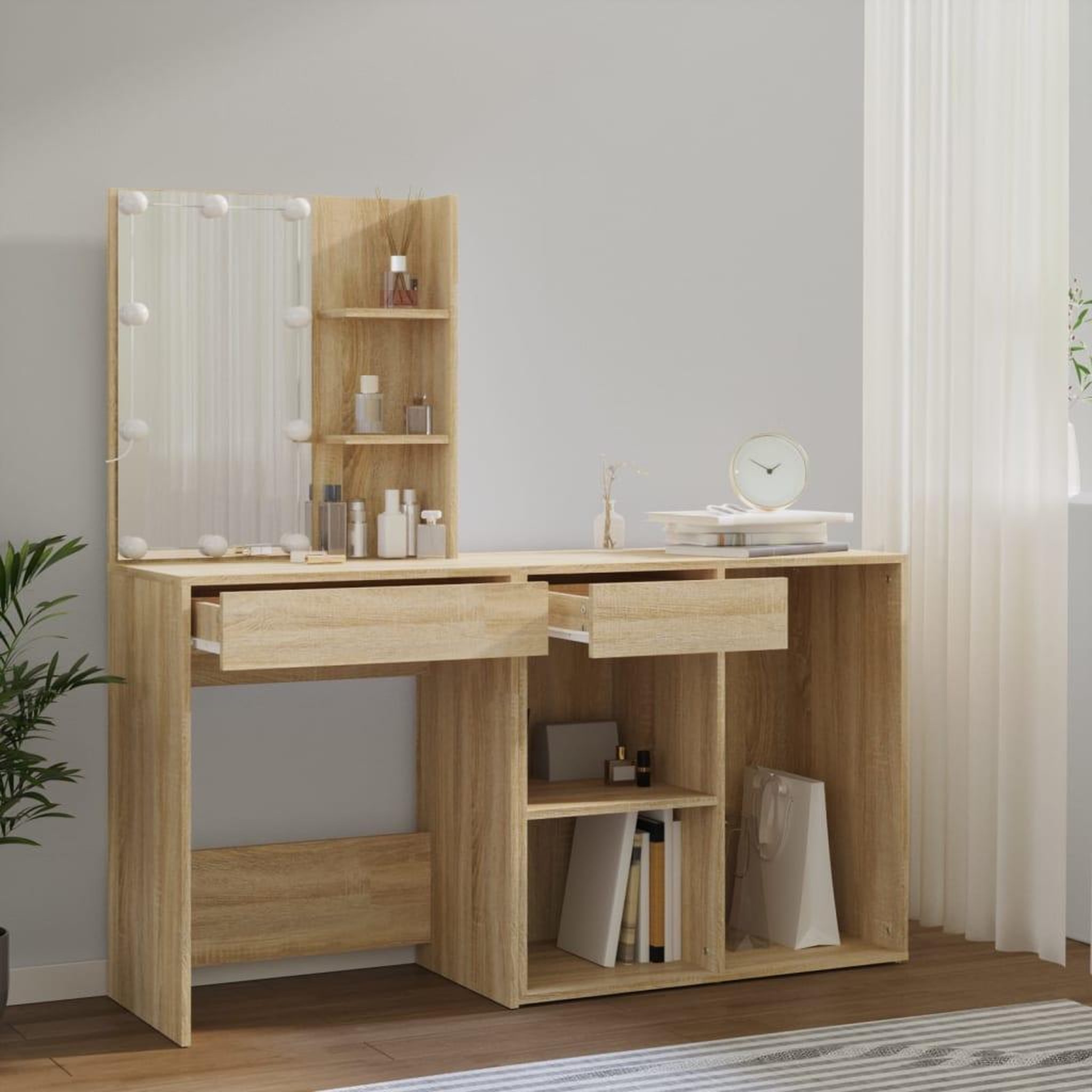 Voir la diapositive 5 : VIDAXL Coiffeuse a LED avec armoire Chene sonoma Bois d'ingenierie